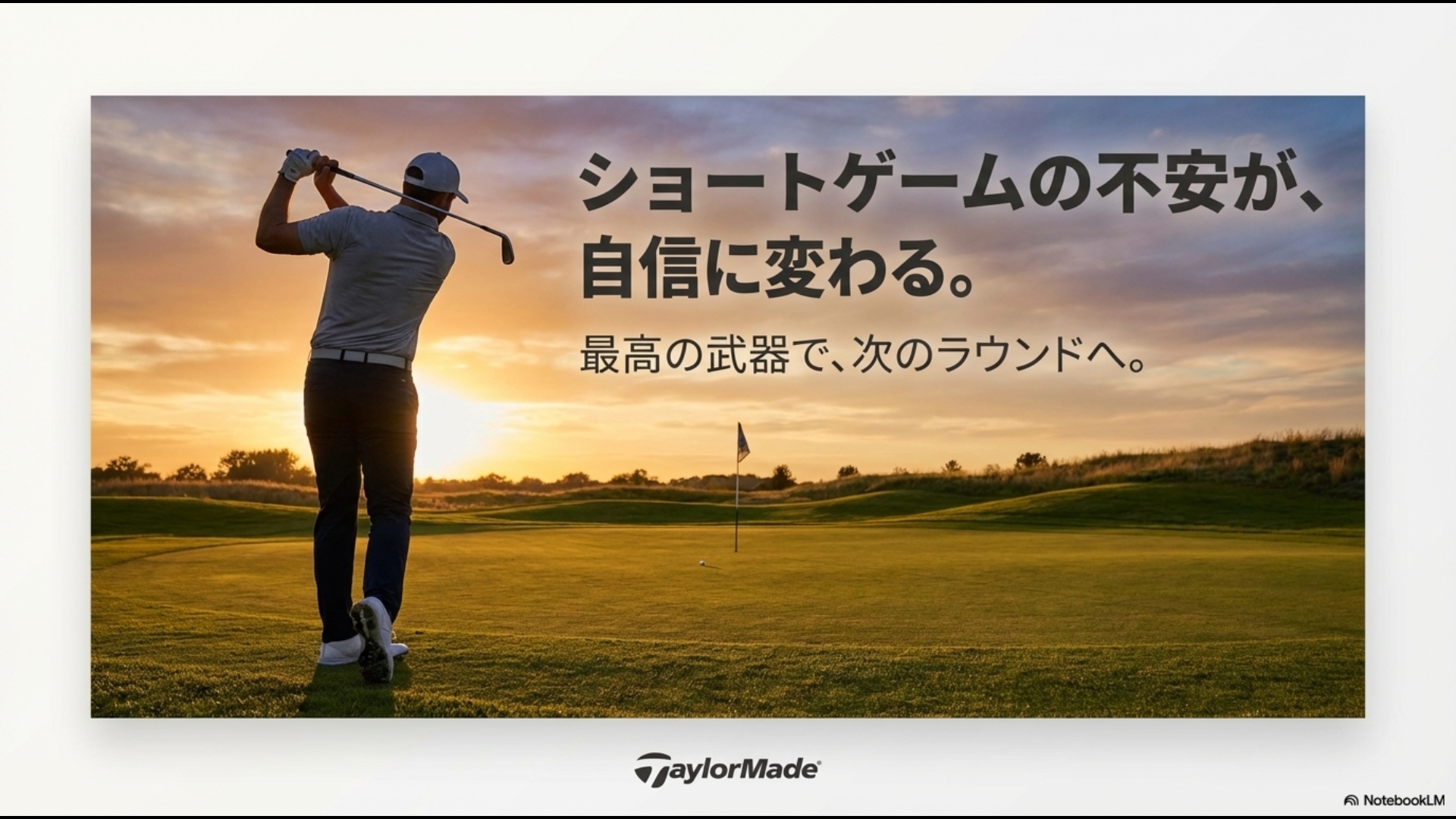 夕景のゴルフ場を背景に、MG4を武器に次のラウンドへ向かうゴルファーのイメージ
