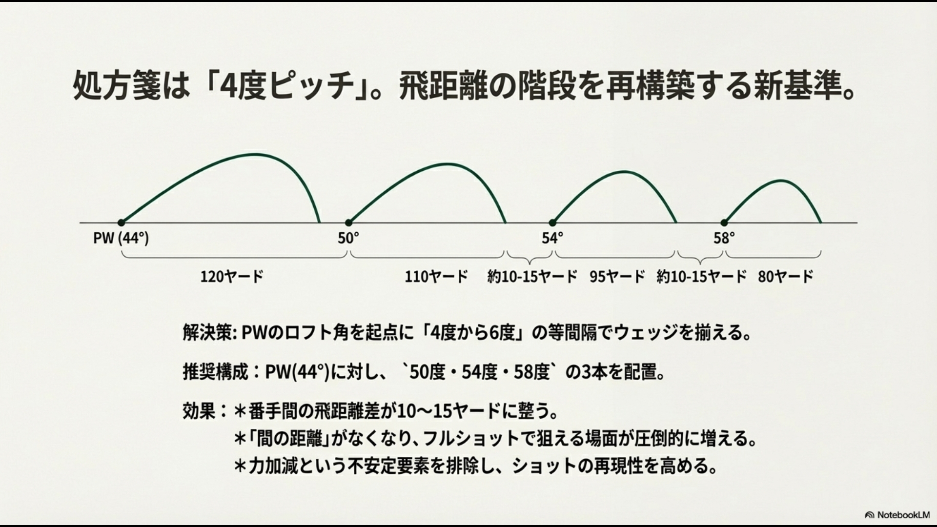 PW44度から50度・54度・58度と4度刻みでウェッジを揃えた際の10〜15ヤード刻みの飛距離の階段