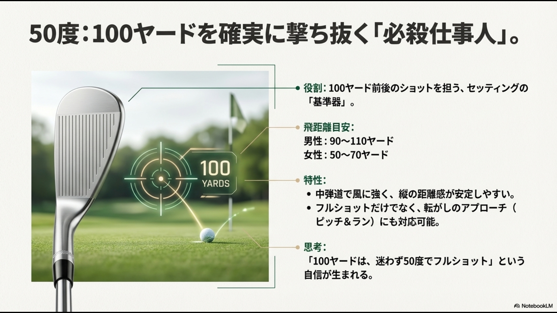 100ヤードの基準器となる50度ウェッジの男女別飛距離目安と中弾道の特性をまとめたスライド