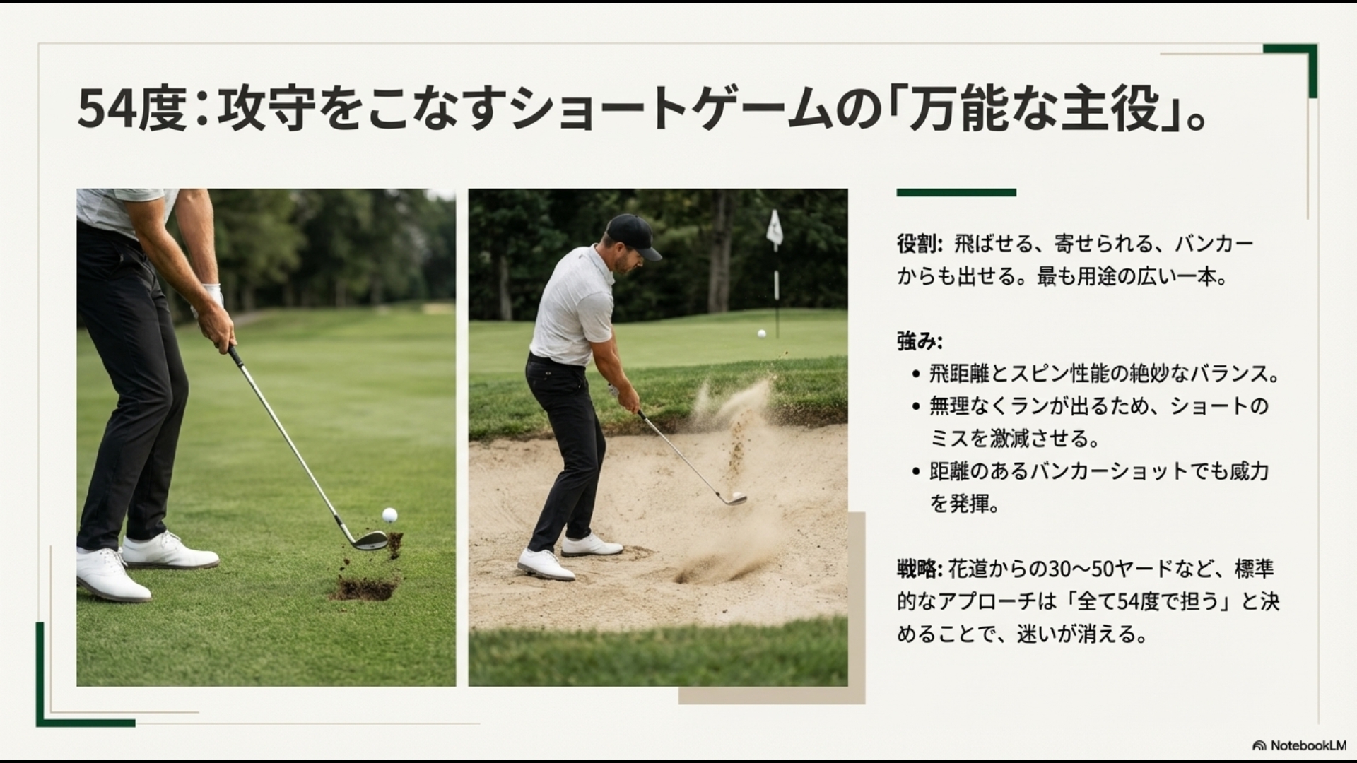 アプローチの主軸となる54度ウェッジがバンカーや30〜50ヤードショットで活躍するイメージ図