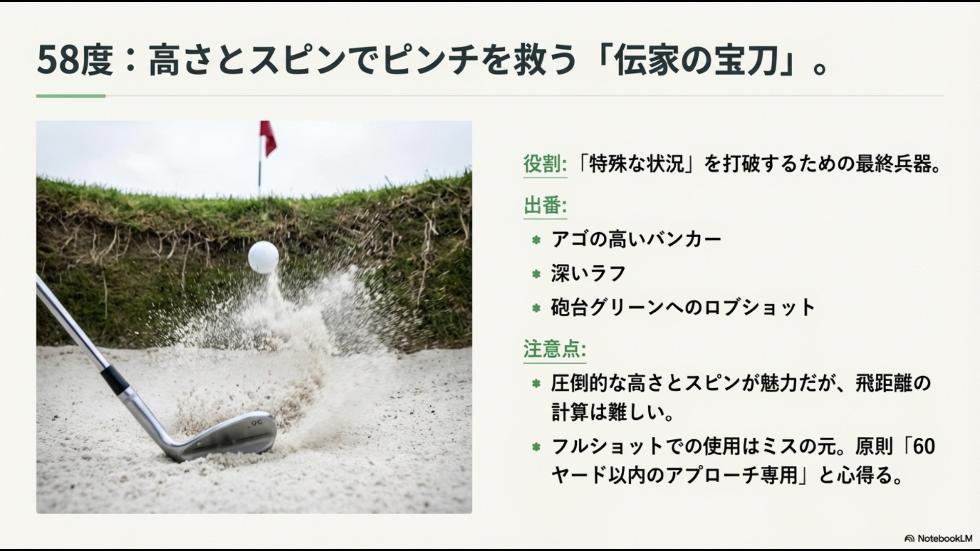 アゴの高いバンカーやロブショットなど特殊な状況で活躍する58度ウェッジの役割とアプローチ専用としての心得