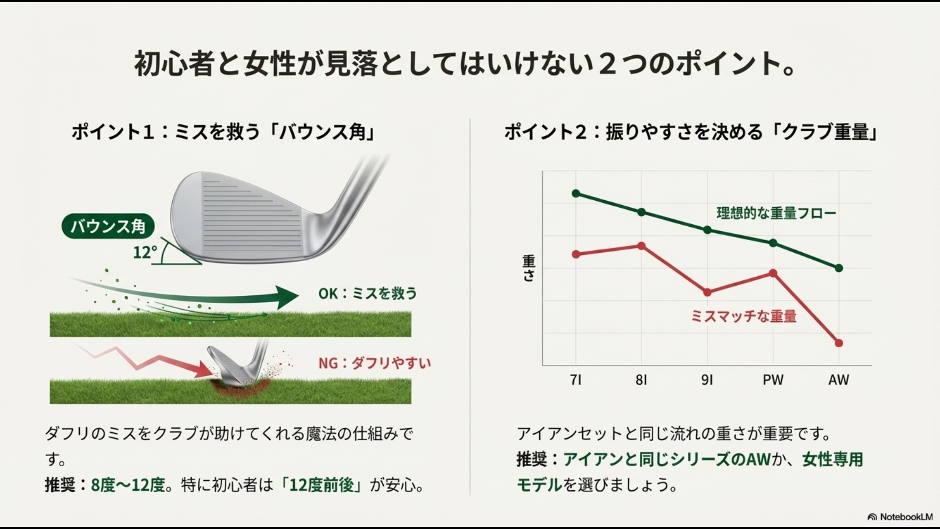 バウンス角がダフリのミスを救う仕組みと、アイアンセットからウェッジまでの理想的な重量フローのグラフ