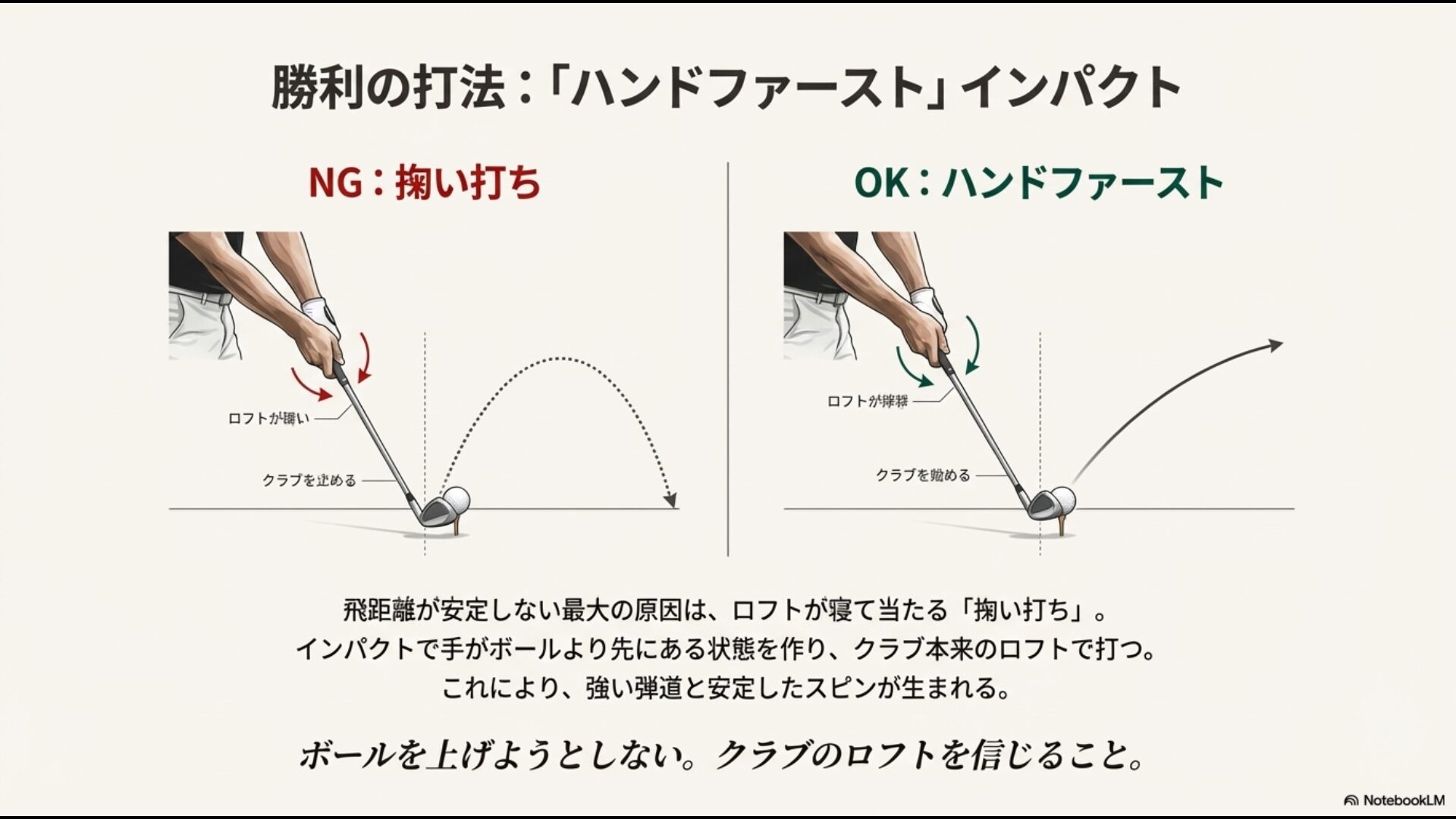 飛距離が安定しない原因である「掬い打ち」と、強い弾道とスピンを生む「ハンドファースト」の比較図