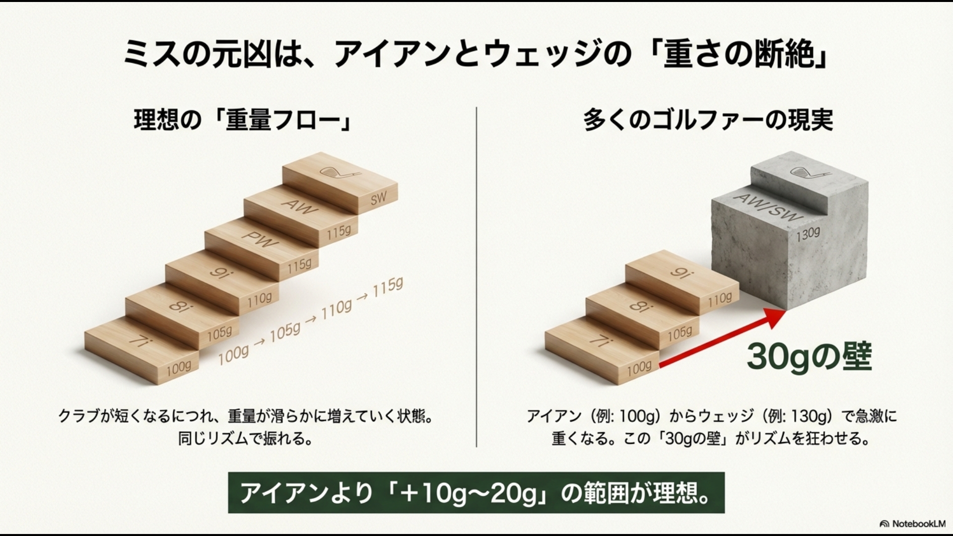 アイアンとウェッジの間に生じる30gの重量差がリズムを狂わせる原因と理想的な重量フローの比較