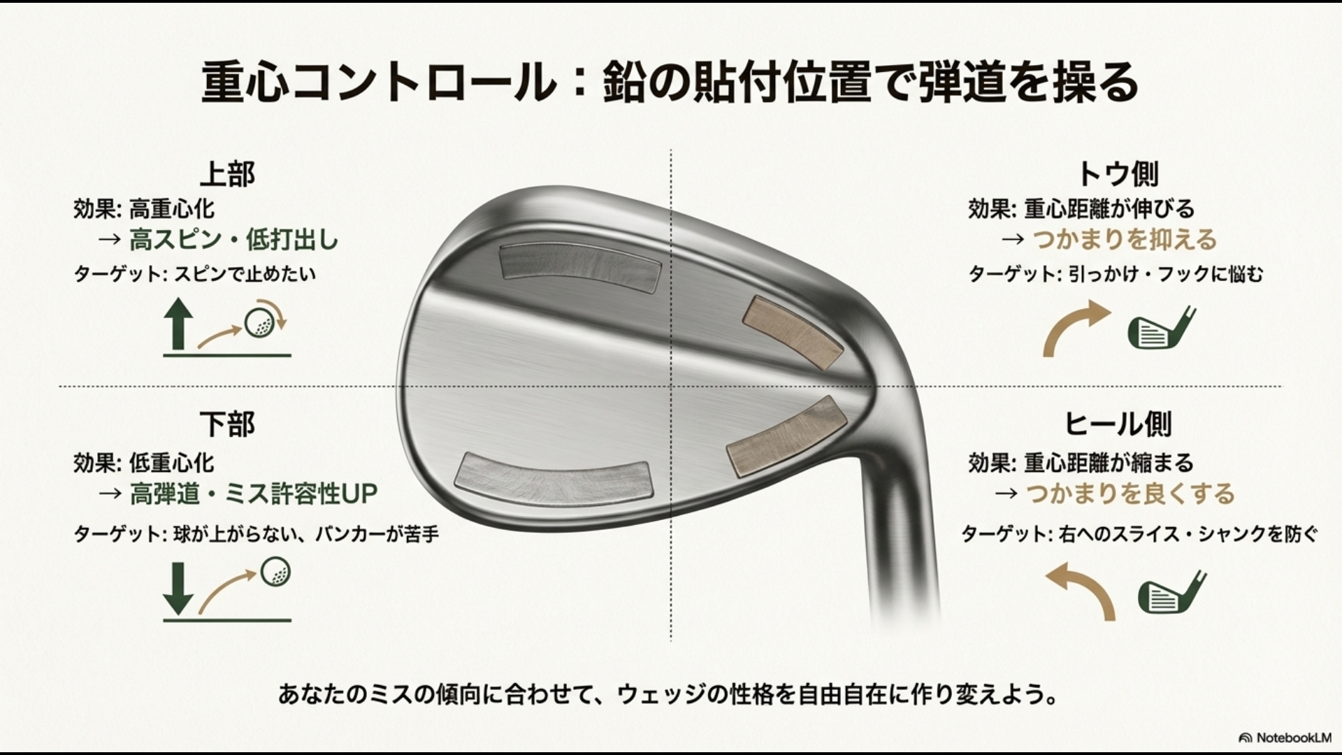ウェッジのトウ・ヒール・上部・下部に鉛を貼ることで変わる重心距離や弾道、スピン量の変化まとめ