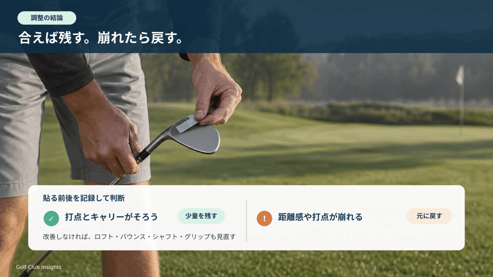 少量の鉛を貼ってキャリー幅・打点・ミスを比較し、合えば残し、合わなければ元に戻すウェッジ調整の結論