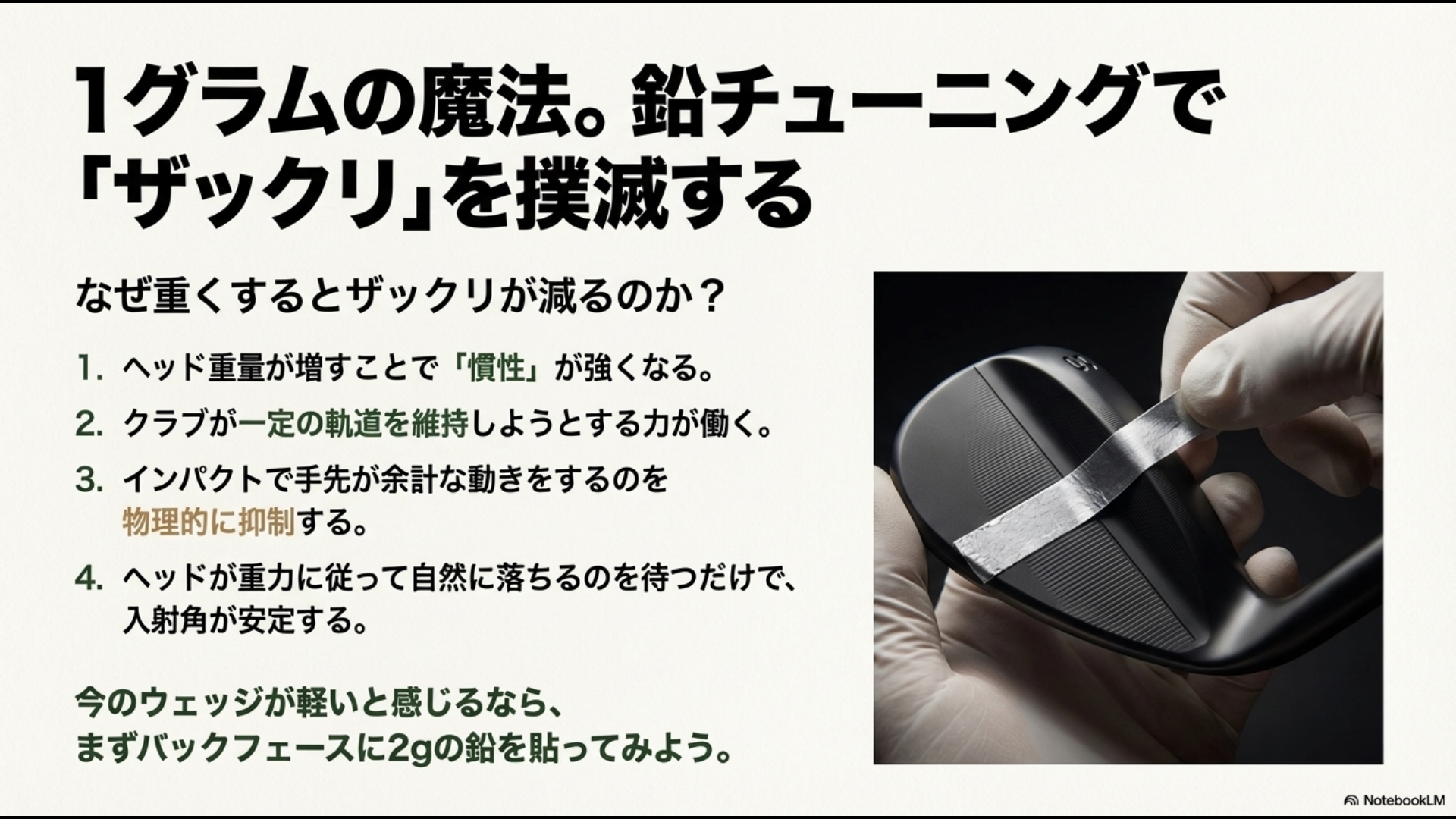 ウェッジに鉛を貼って重くすることで慣性を強め入射角を安定させる物理的メリット
