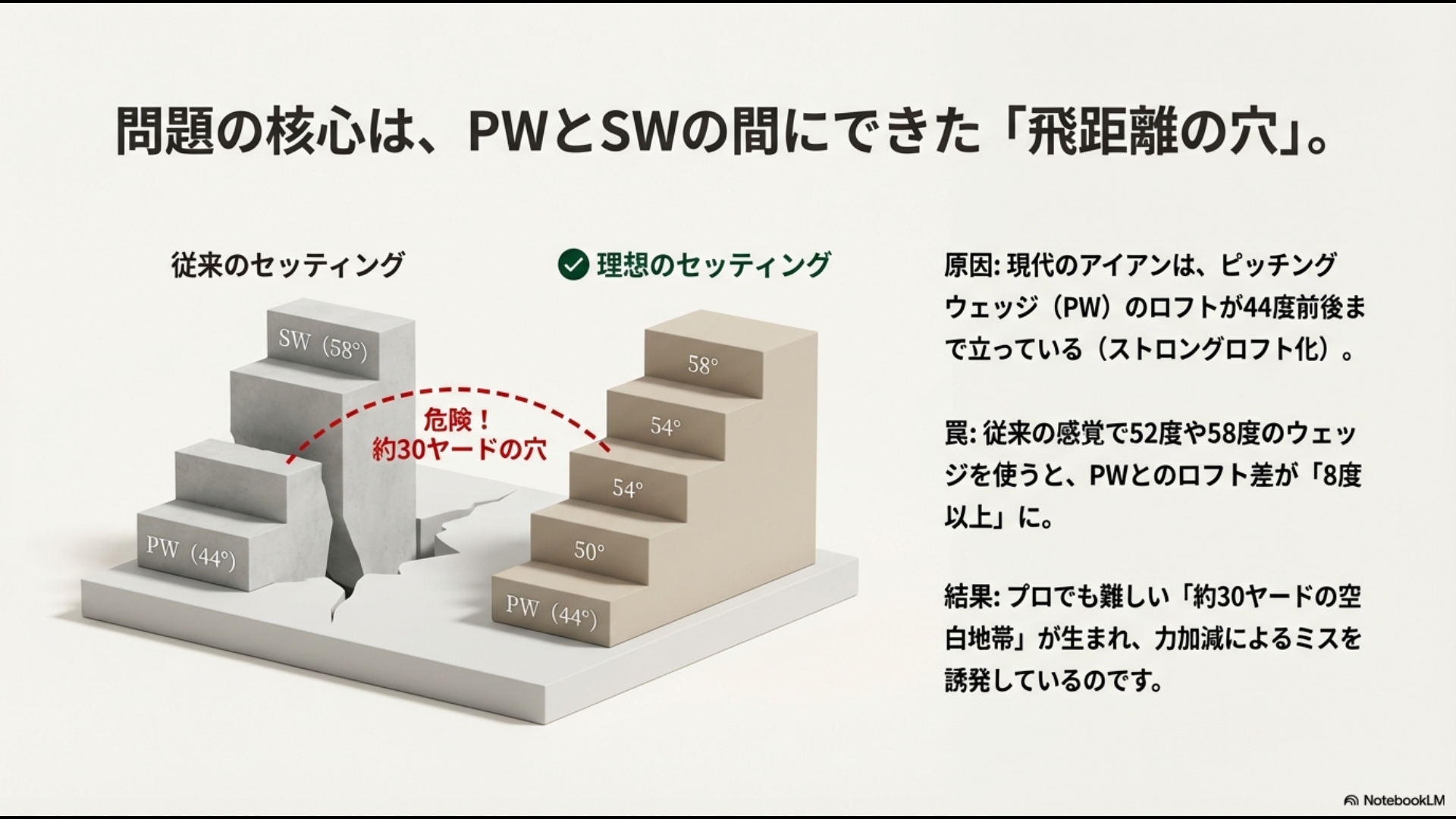 44度のPWと58度のSWの間に生まれるロフト差8度と30ヤードの飛距離の空白を解説する図解