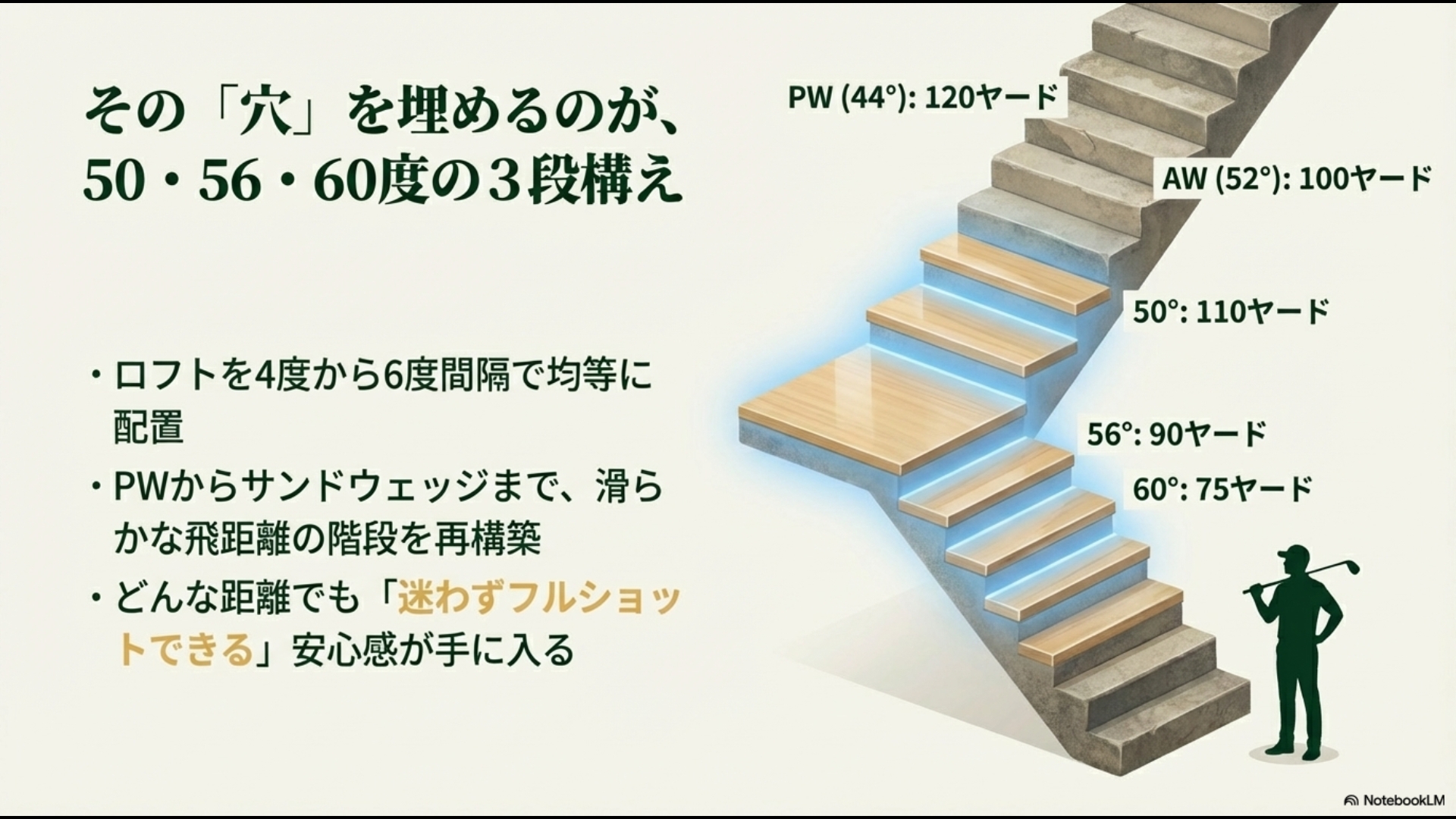 PW44度から50度、56度、60度を4〜6度間隔で配置し、滑らかな飛距離の階段を再構築した比較表
