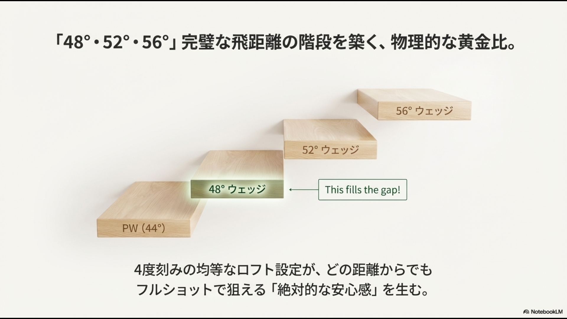 44度のPWから48度、52度、56度へと続く4度刻みのロフト設定が、均等な飛距離の階段と安心感を生むことを示す設計図