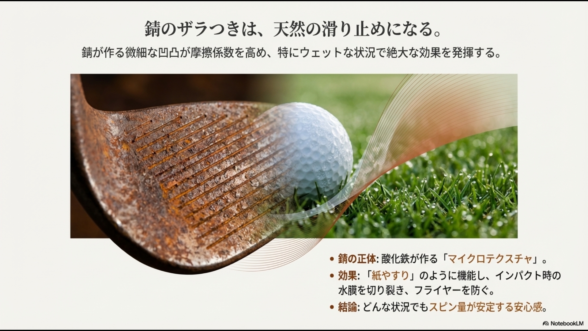 錆の微細な凹凸（マイクロテクスチャ）が紙やすりのように機能し、雨天時などの水膜を切り裂いてフライヤーを防ぐ解説スライド