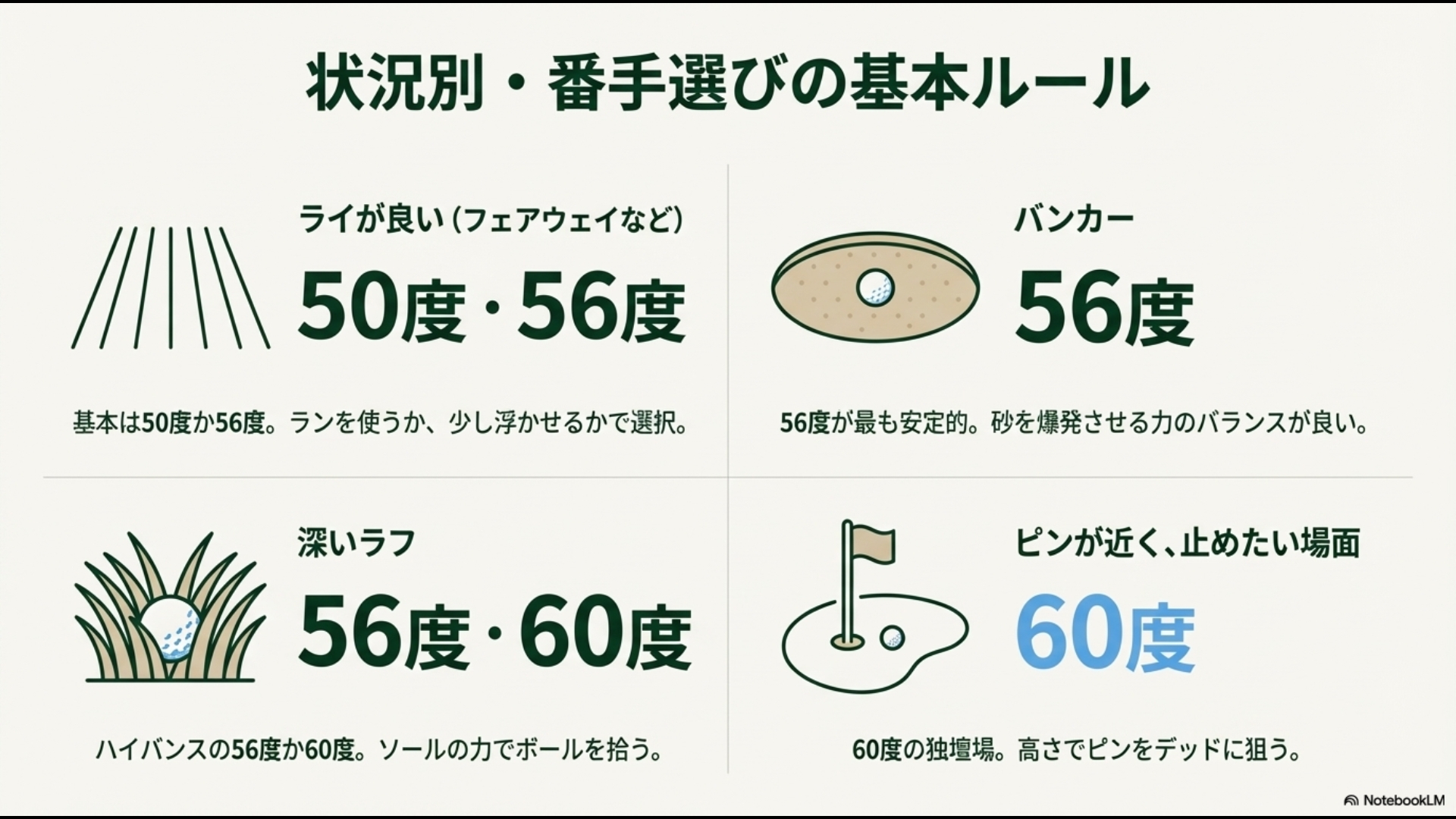 フェアウェイ、バンカー、深いラフ、ピンが近い場面など、ライに応じた50・56・60度の最適な使い分け基準
