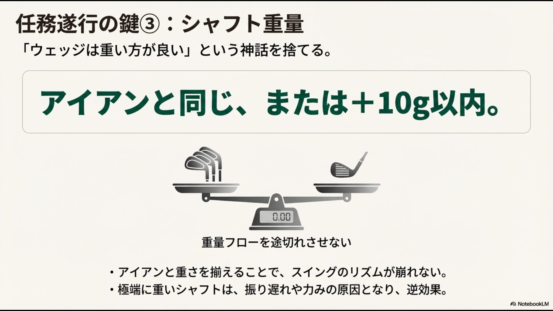アイアンと同じ、またはプラス10g以内の重量でスイングのリズムを保つ重量フローの重要性の図解