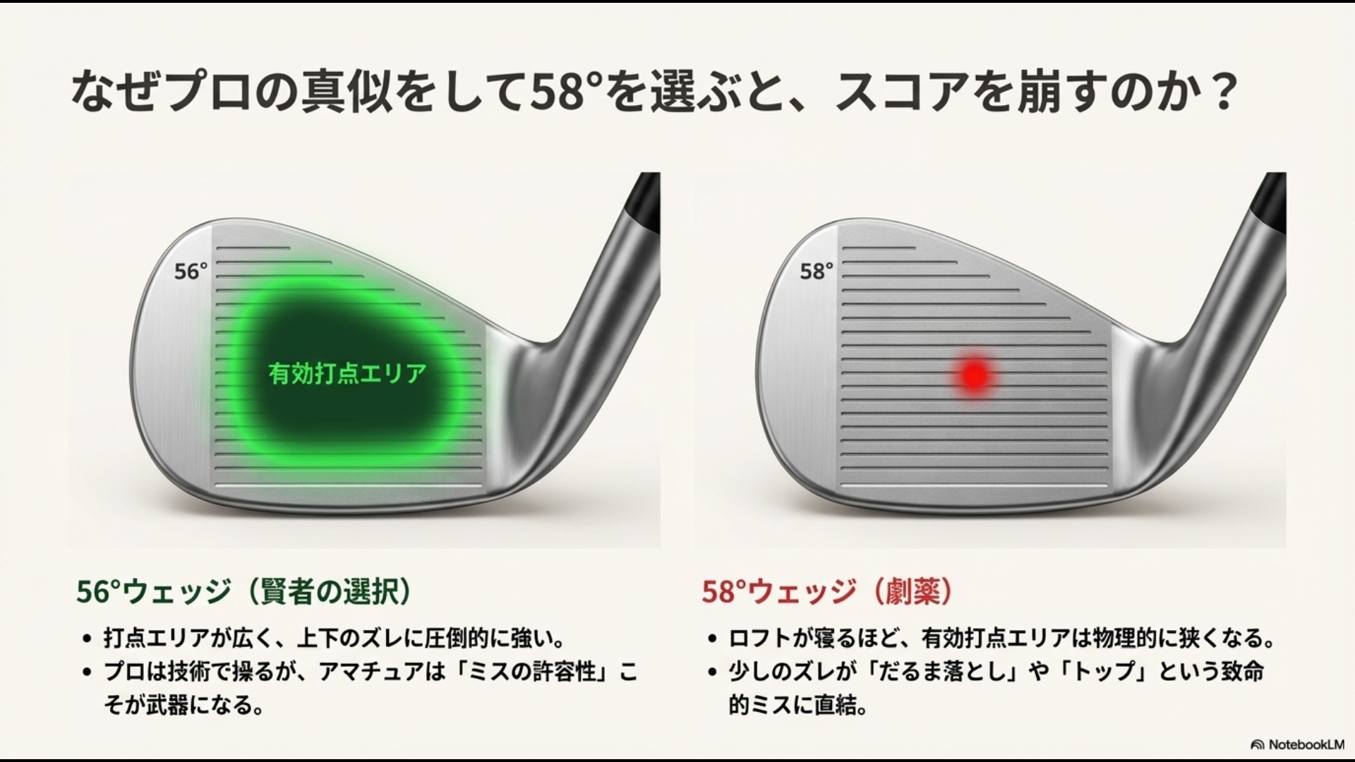 56度と58度のウェッジフェースを比較し、物理的にスイートスポット（有効打点エリア）が広い56度がアマチュアにとって正解であることを示す図解