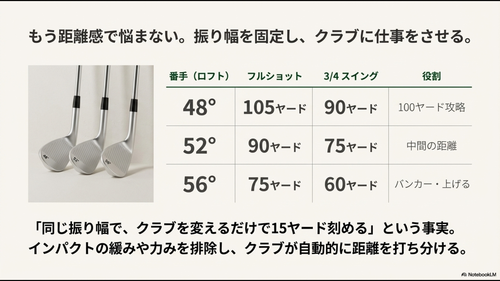 同じ振り幅でクラブを変えるだけで15ヤード刻みの飛距離を自動的に打ち分ける、48度・52度・56度の詳細なヤンテージ表