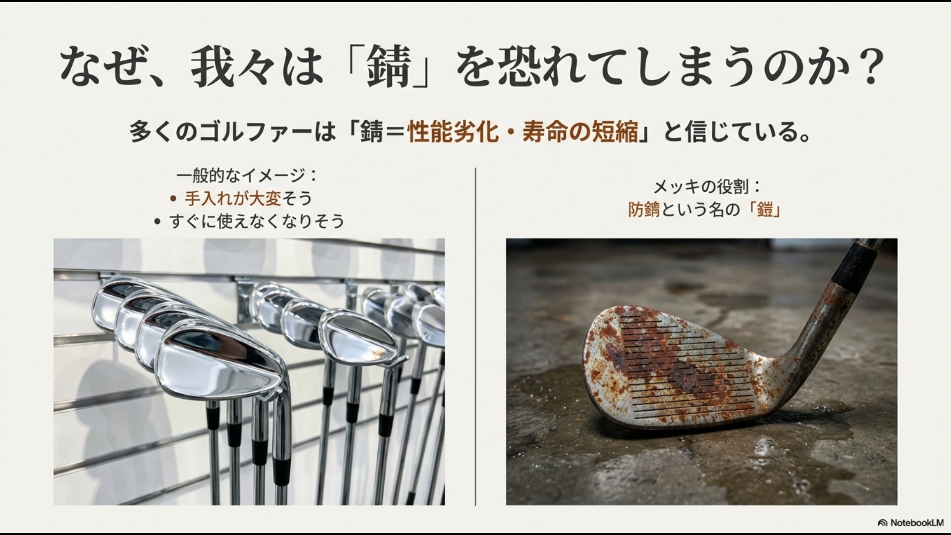 多くのゴルファーが抱く「錆＝性能劣化・寿命短縮」という不安と、メッキが持つ防錆の役割を解説するスライド