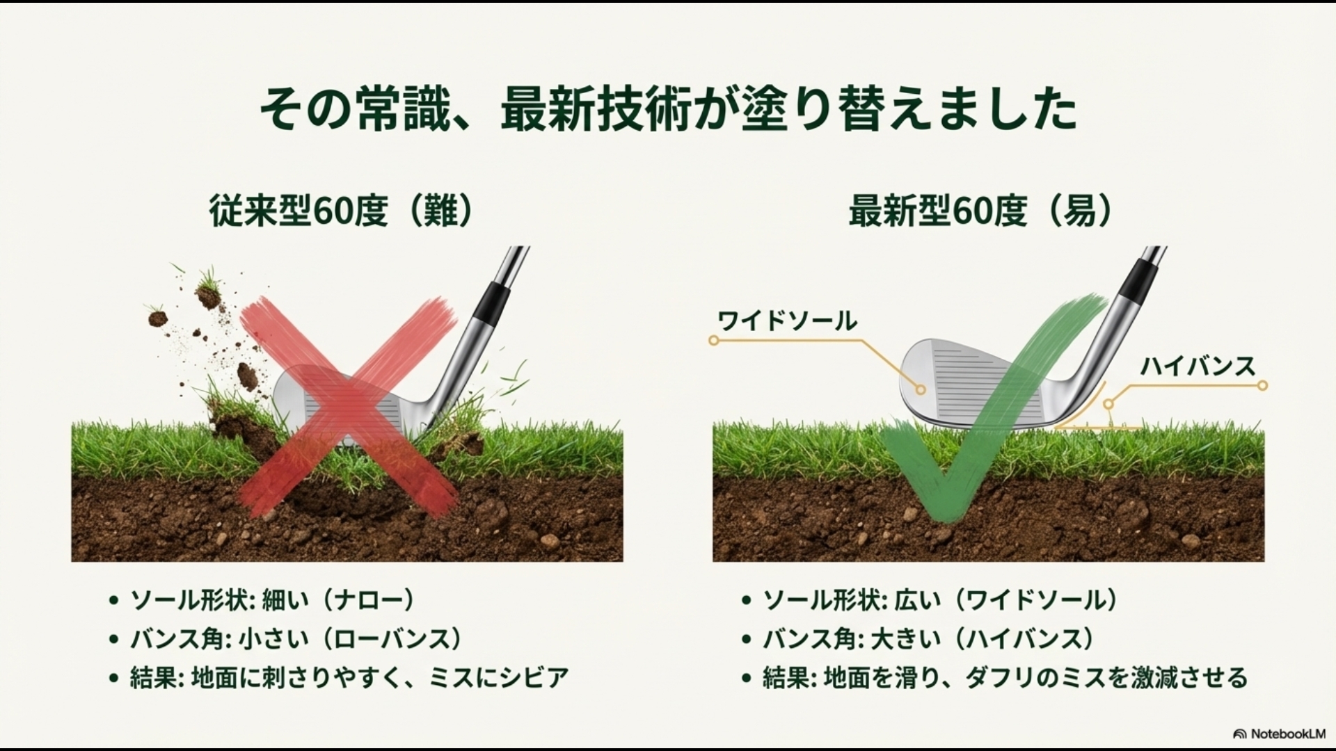 従来型(ローバンス)と最新型(ワイドソール・ハイバンス)のウェッジ形状比較。ミスを激減させる最新技術の解説