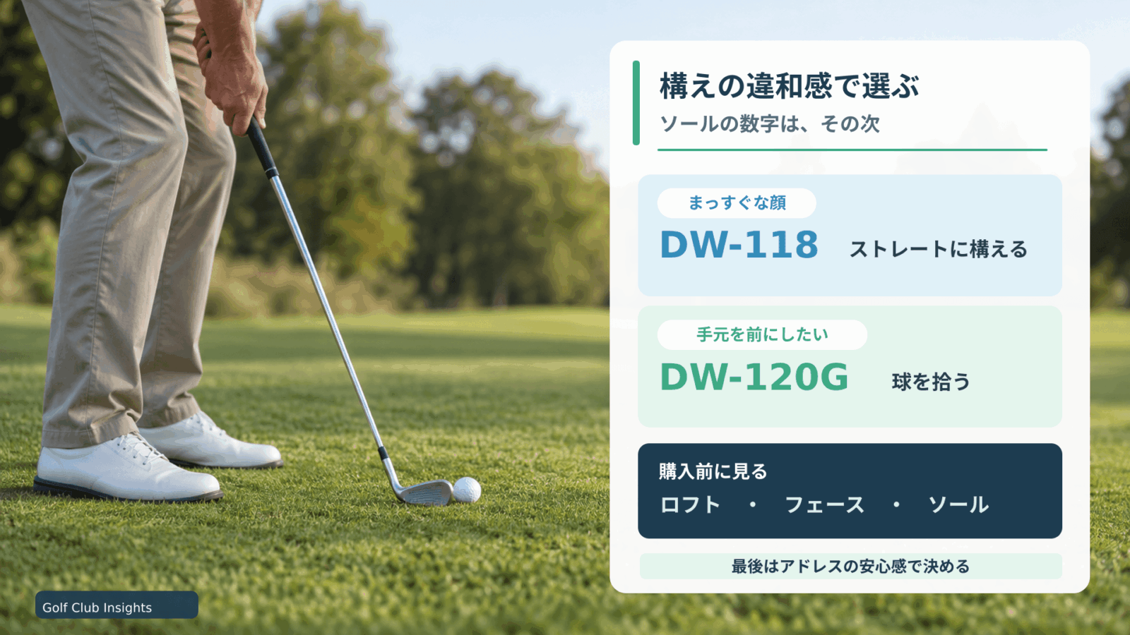 短いアプローチの場面に、スクエアに構えたいならDW-118、ハンドファーストで拾いたいならDW-120Gという結論とロフト・フェース・ソールの確認点を重ねる