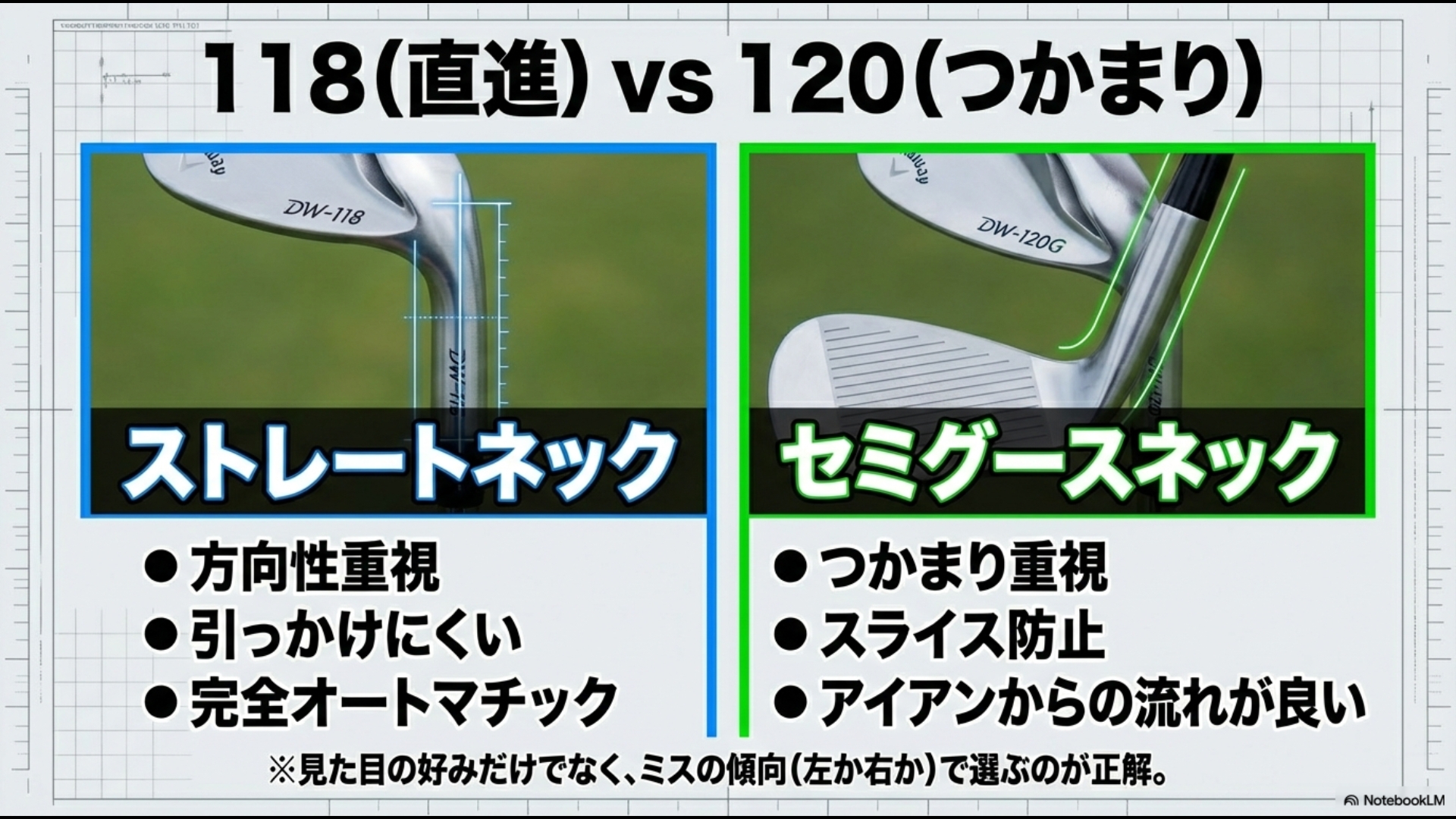 ドルフィンウェッジDW-118(ストレートネック)とDW-120G(セミグースネック)の形状比較