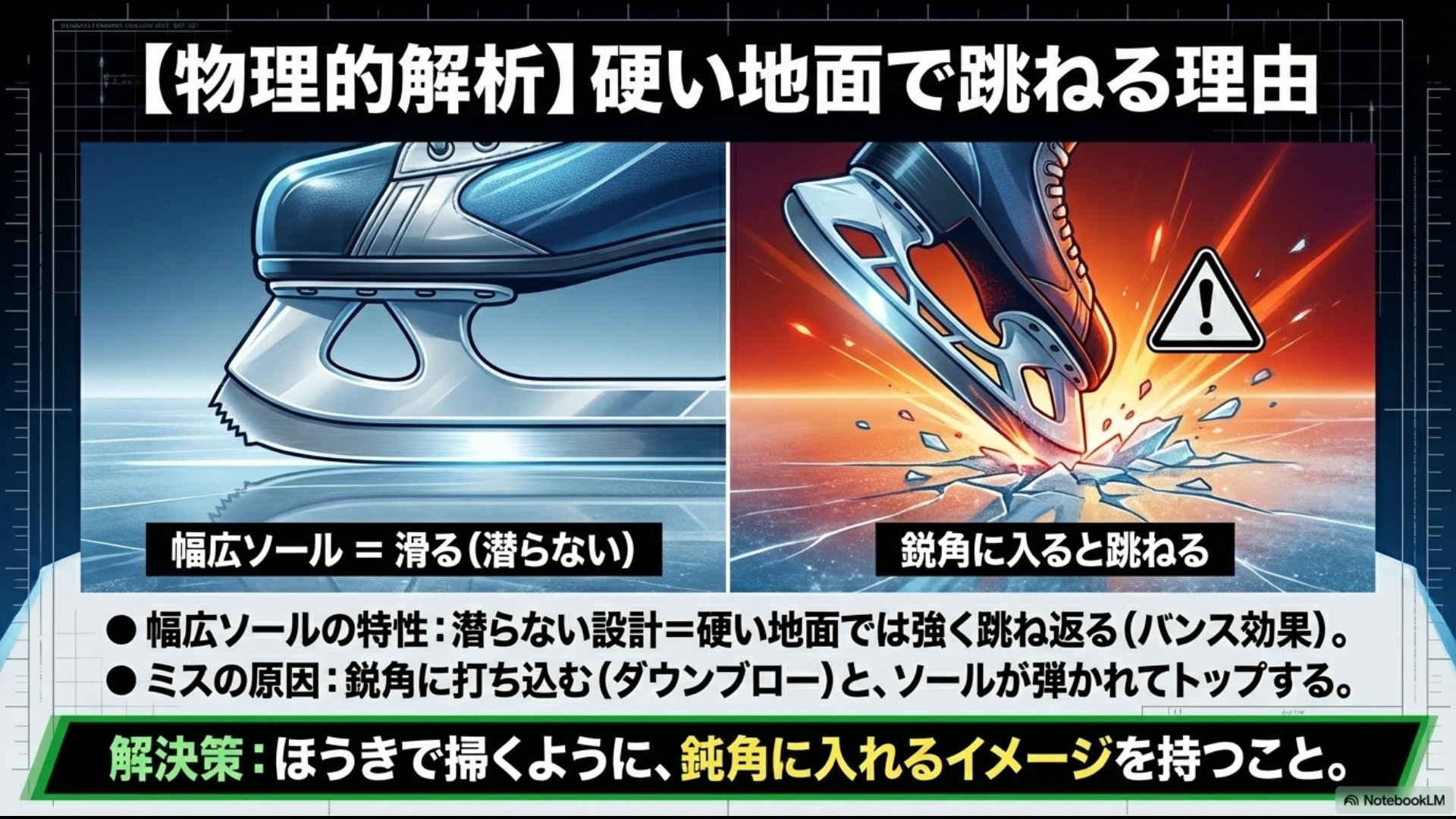 幅広ソールが硬い地面で跳ねるバンス効果の仕組みと鋭角に入れないための対策