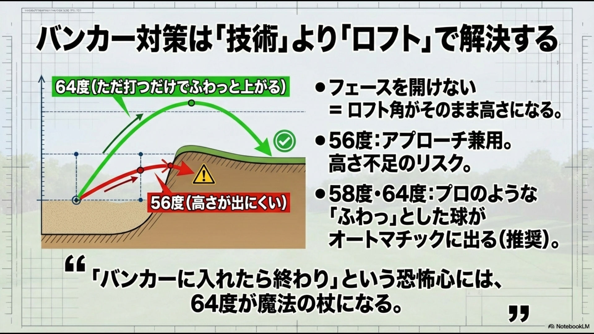 バンカーショットにおける56度と64度の弾道の違いとロフト選びの重要性