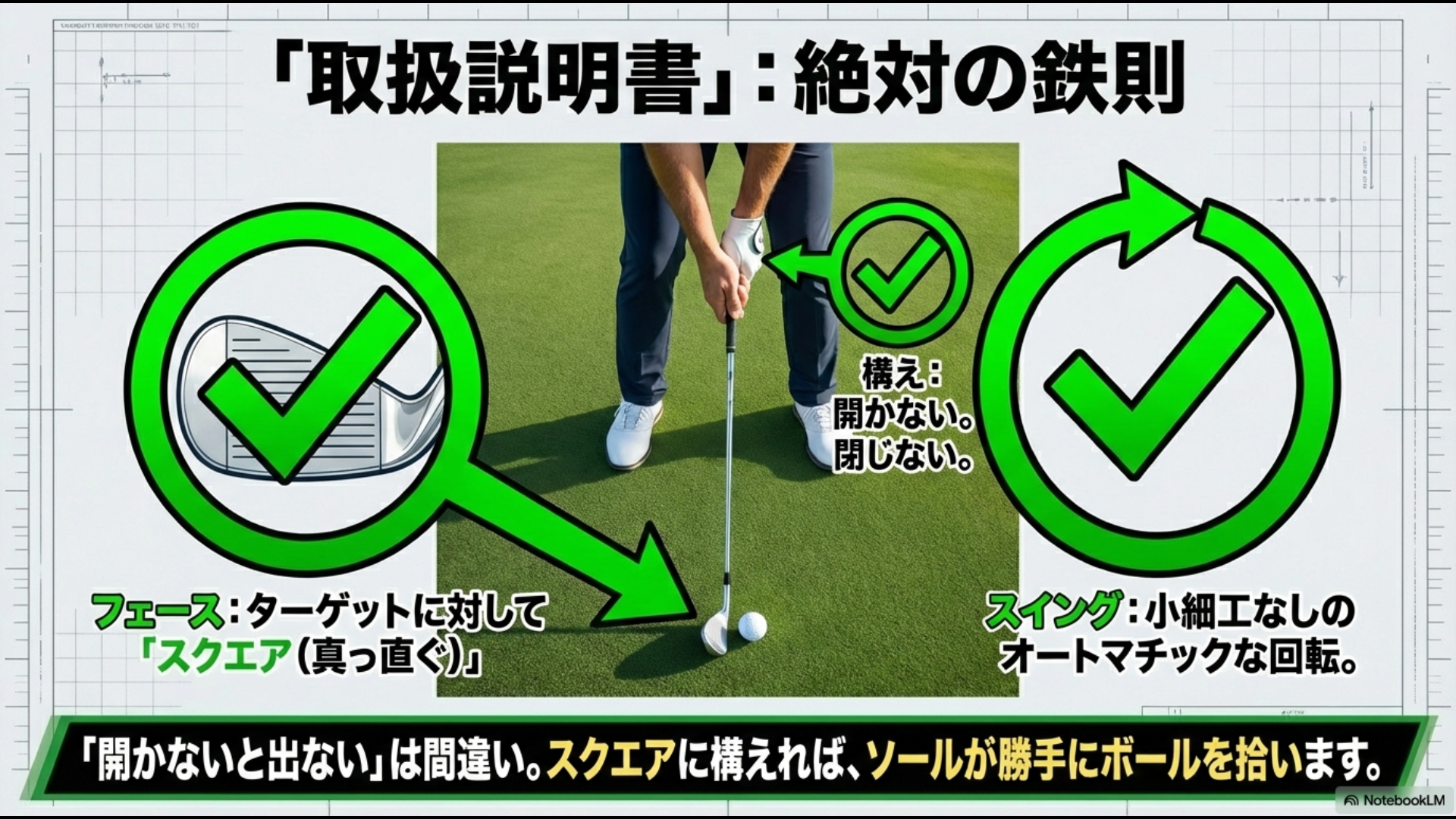 ドルフィンウェッジの正しい打ち方取扱説明書:フェースを開かずスクエアに構えてオートマチックに振る