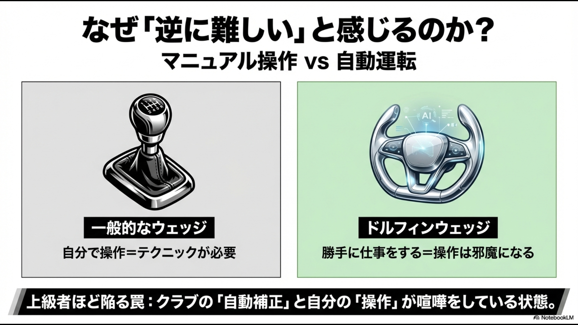 一般的なウェッジのマニュアル操作とドルフィンウェッジのオートマチック性能の比較図