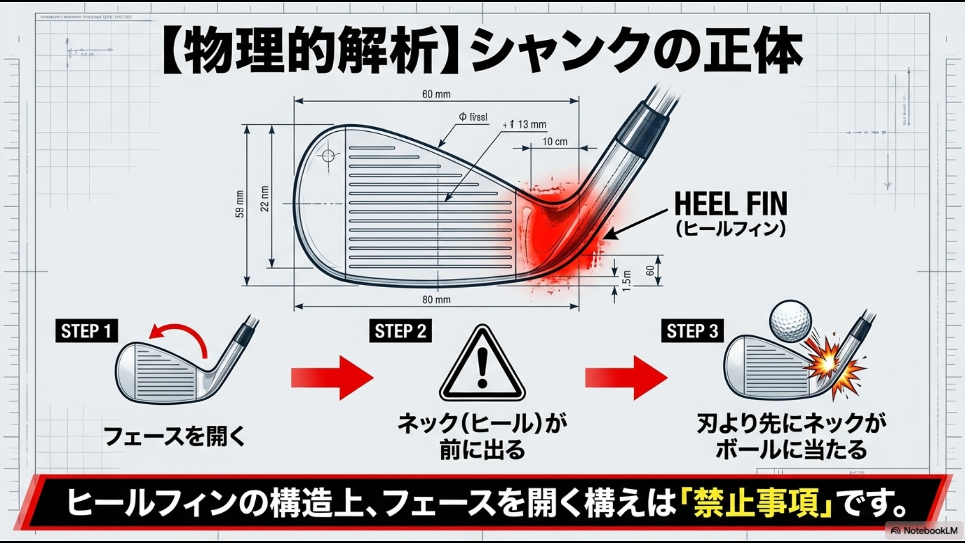 ドルフィンウェッジでフェースを開くとヒールフィンが邪魔してシャンクする物理的メカニズム