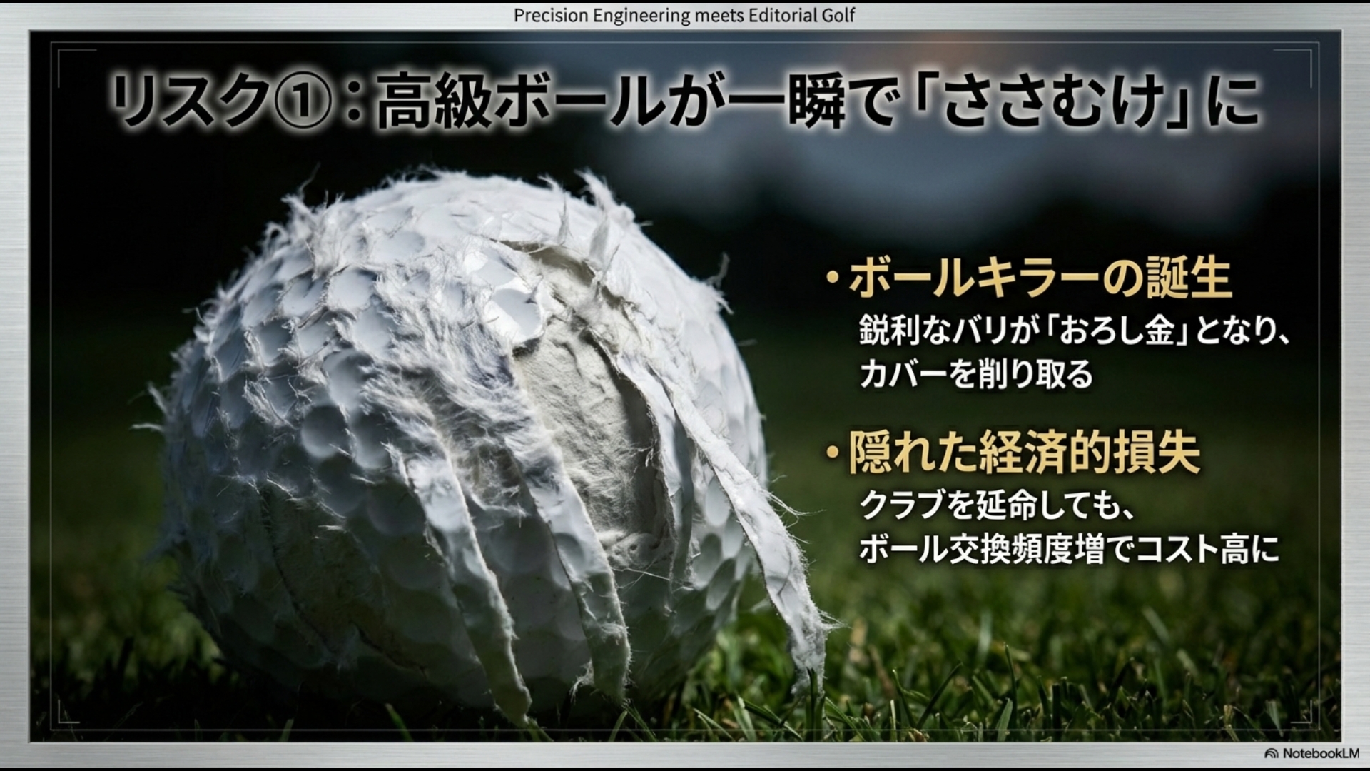 鋭利な溝によるゴルフボールのささくれ（笹剥け）リスクと経済的損失のイメージ