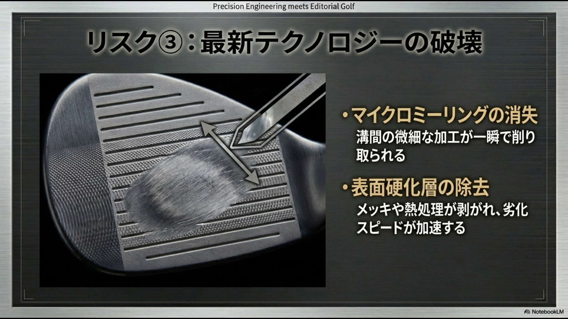 溝シャープナーの使用が最新ウェッジの精密なマイクロミーリングや表面加工を破壊する様子
