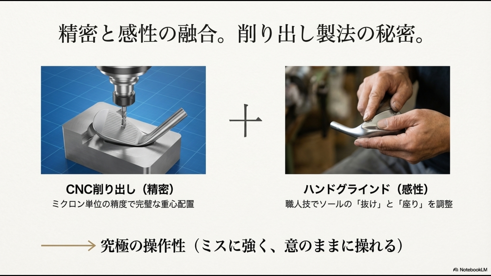 CNC削り出しの精密さとハンドグラインドの感性が融合した究極の操作性を説明する図解