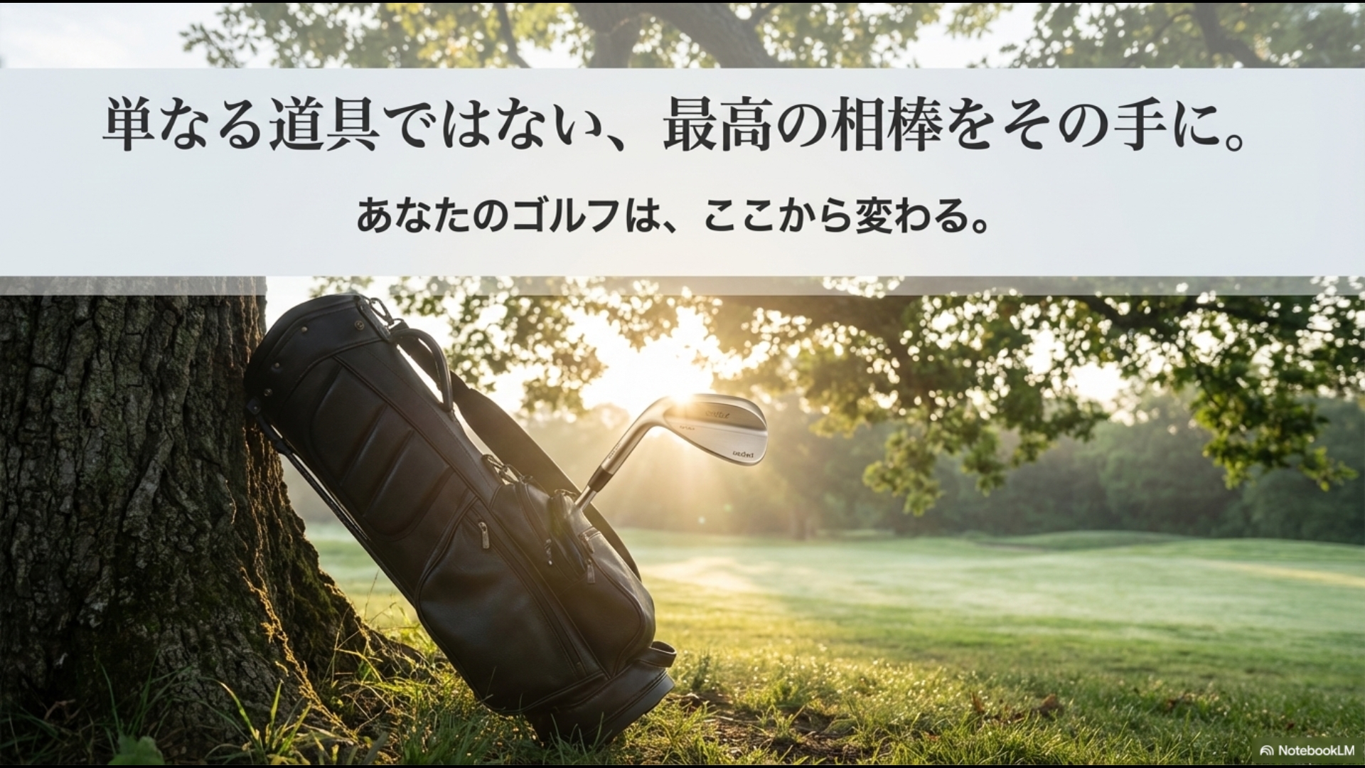 夕日の差し込むゴルフ場に置かれたゴルフバッグとモダートウェッジのイメージ画像