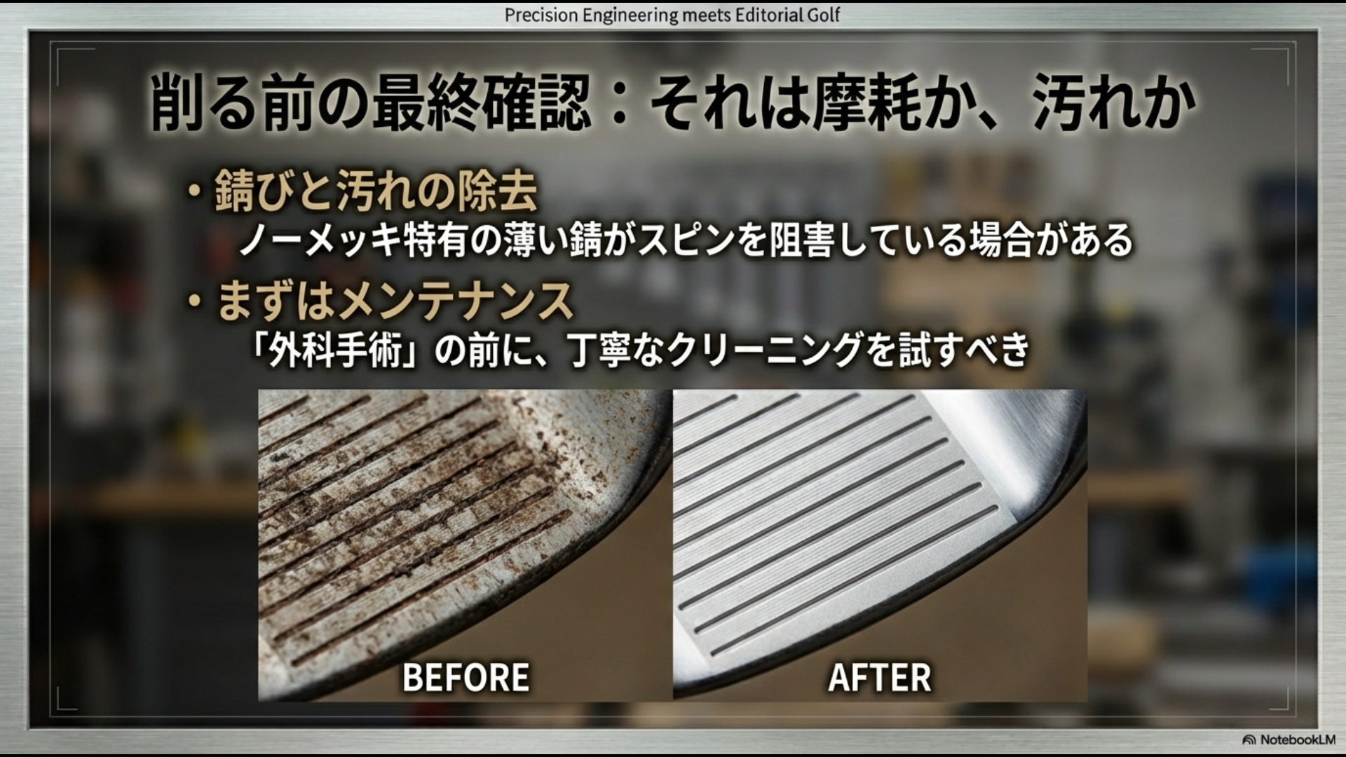 ウェッジの溝削り前に行うべきメンテナンス：フェースの錆びと汚れ除去によるスピン回復確認