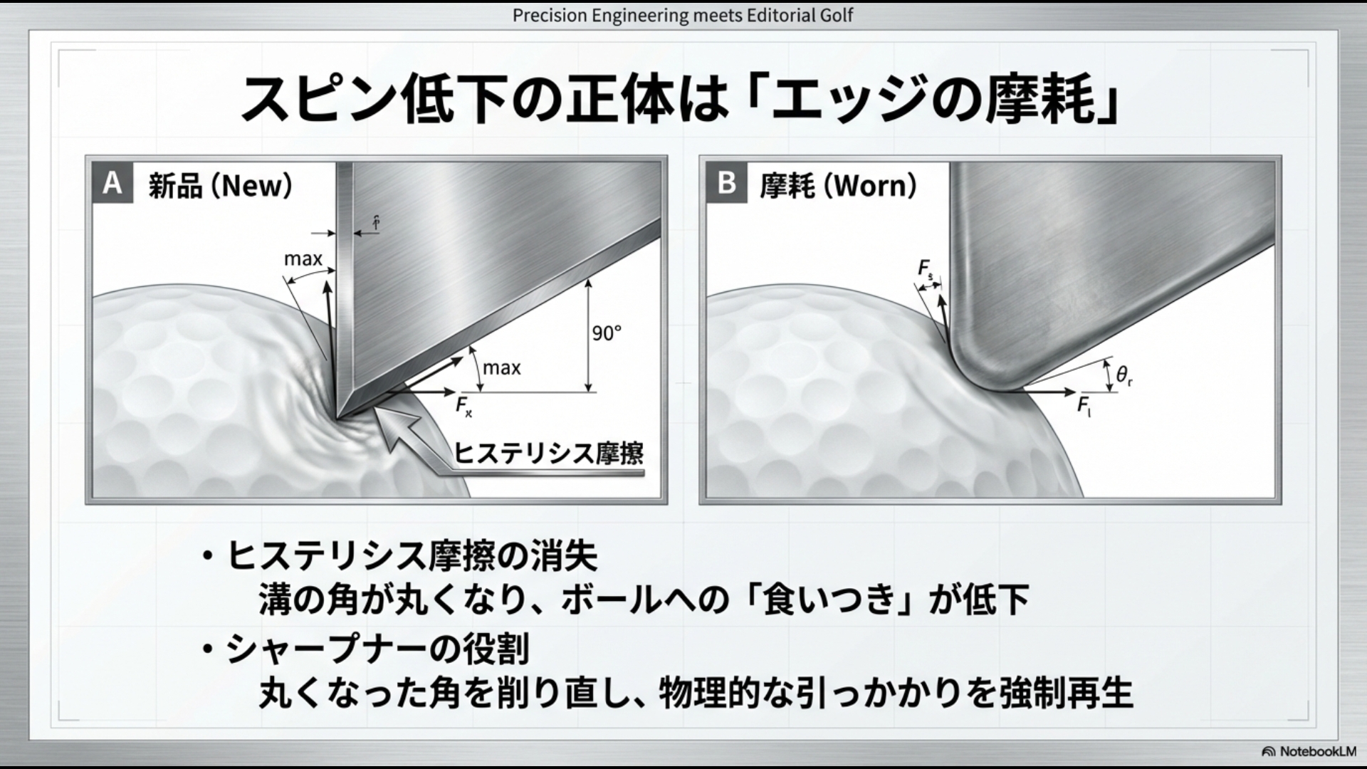 ウェッジのスピン発生メカニズム解説図：新品時の鋭いエッジが生むヒステリシス摩擦と摩耗時の比較