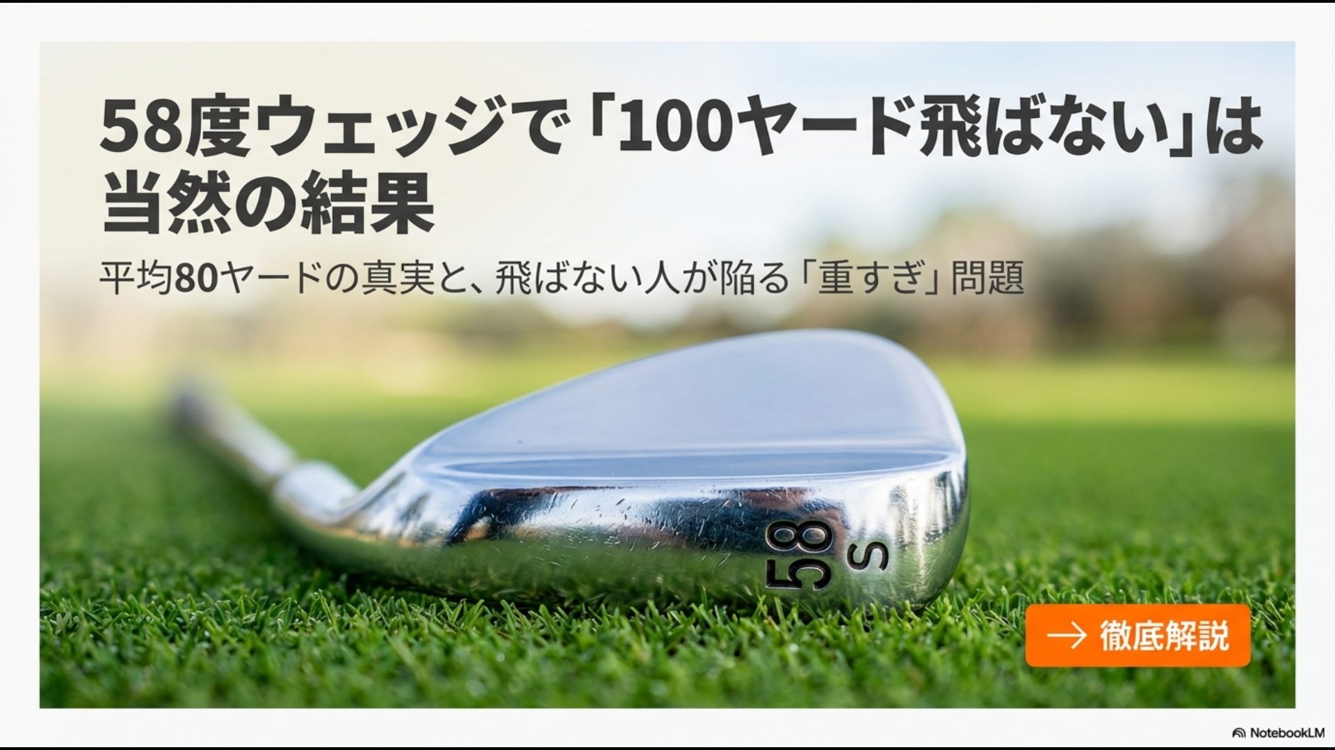 58度ウェッジで100ヤード飛ばないのは当然の結果であることを示す解説スライドの表紙