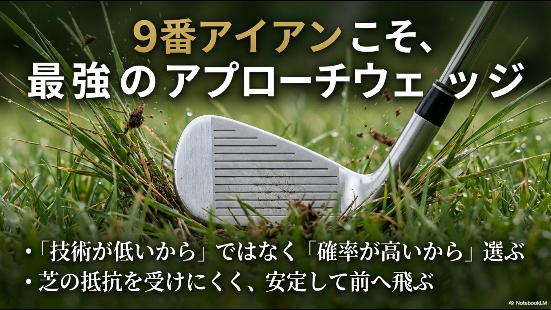 9番アイアンが芝の抵抗を受けにくく確率の高いアプローチを可能にすることを説明するテキストスライド