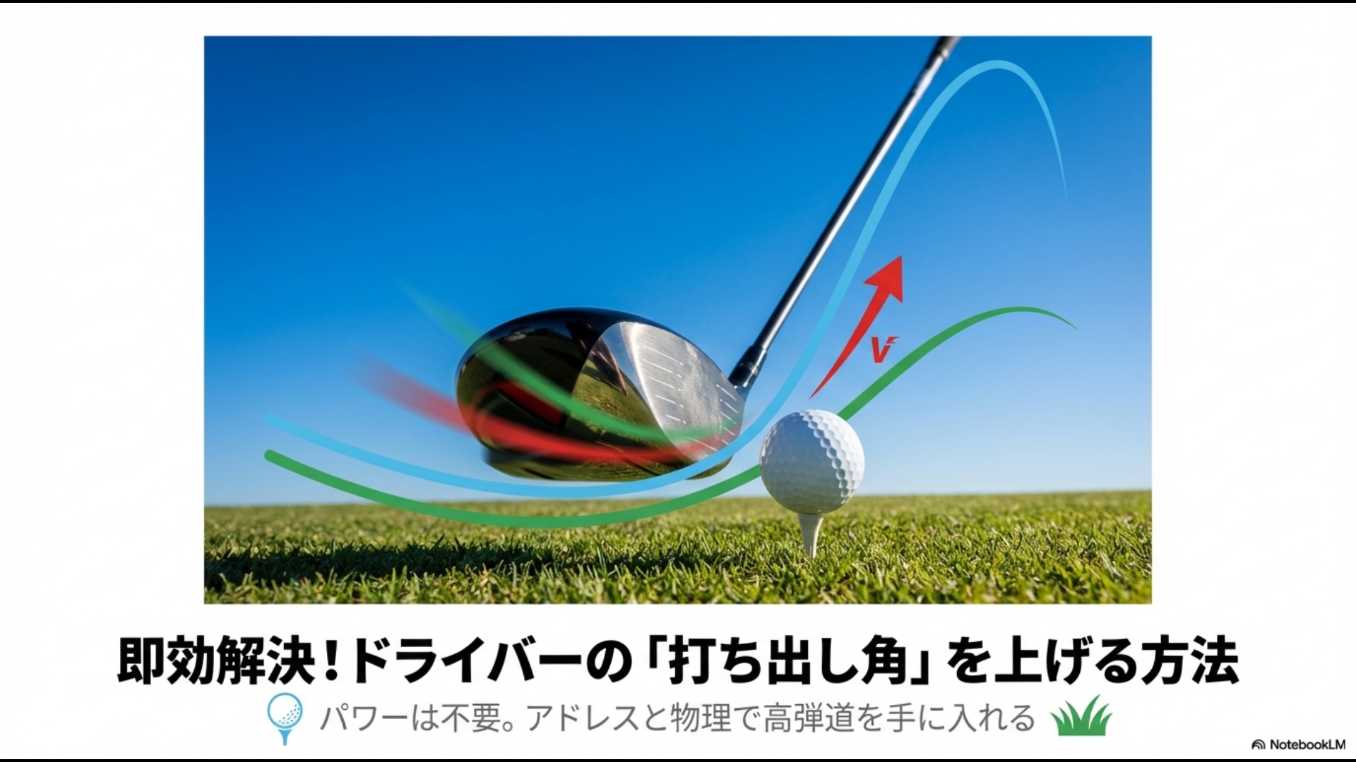 ドライバーショットでボールをアッパーブローで捉え、理想的な高弾道を打ち出す瞬間のイメージスライド