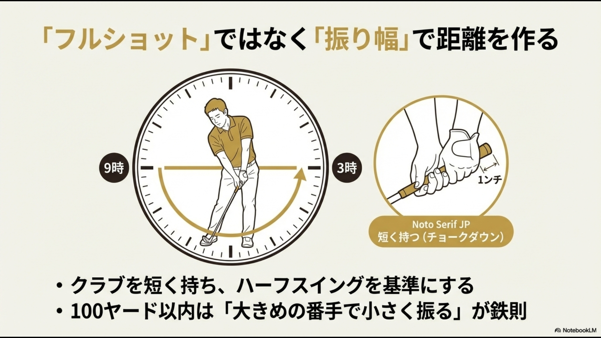 9時から3時の振り幅を基準に、大きめの番手で小さく振るアプローチの距離調整法