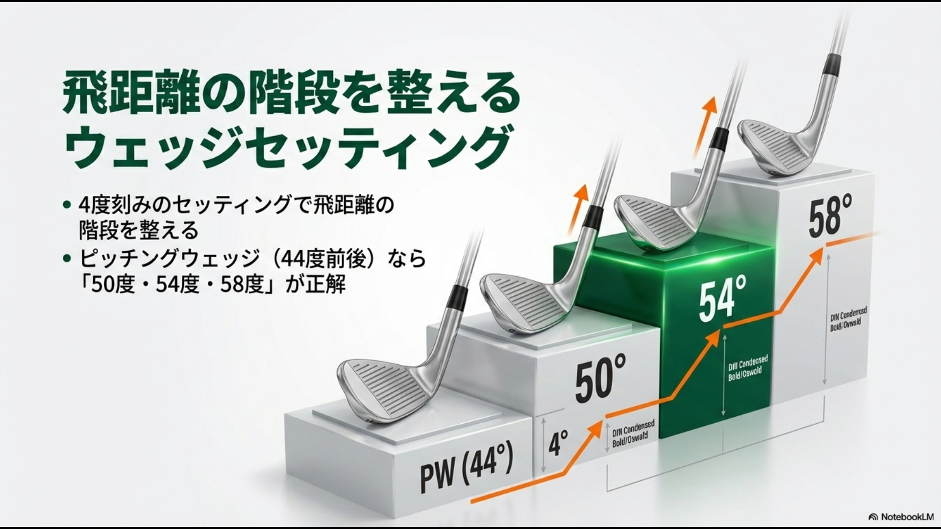 PW44度を基準にした50度・54度・58度の「4度刻み」で飛距離の階段を整える構成図。