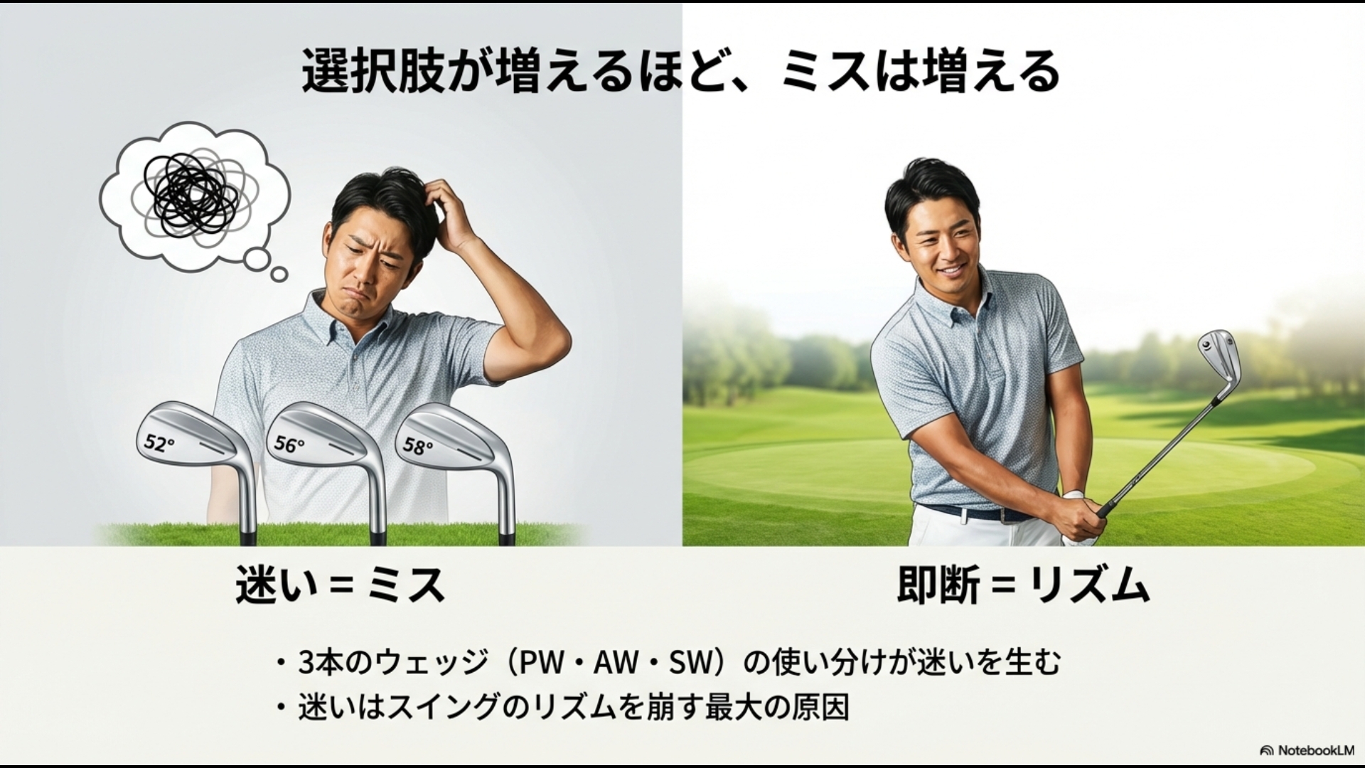 複数のウェッジを使い分けることで生まれる迷いがスイングのリズムを崩しミスを招くことを説明するイメージ図