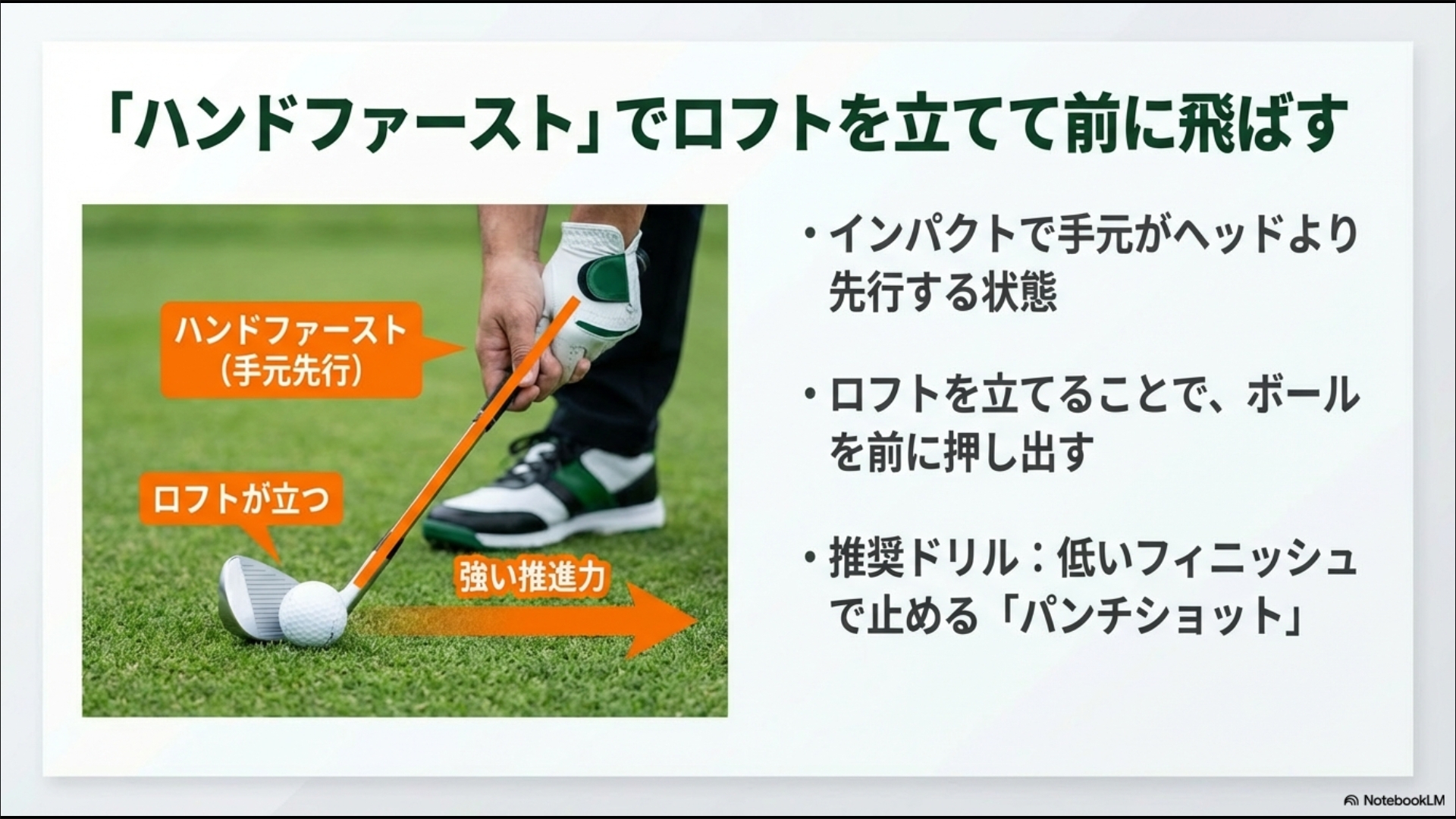 インパクトで手元を先行させロフトを立てることで推進力を高めるハンドファーストの図解