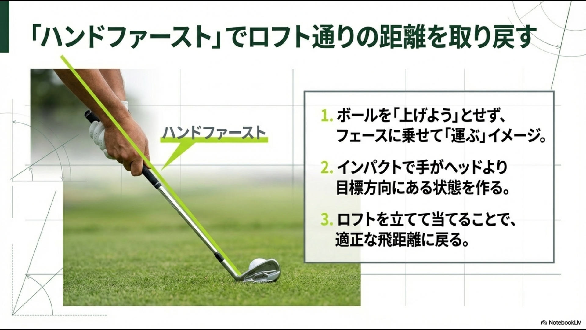 ロフトを立てて当てるハンドファーストのインパクトイメージとボールを運ぶ感覚の解説