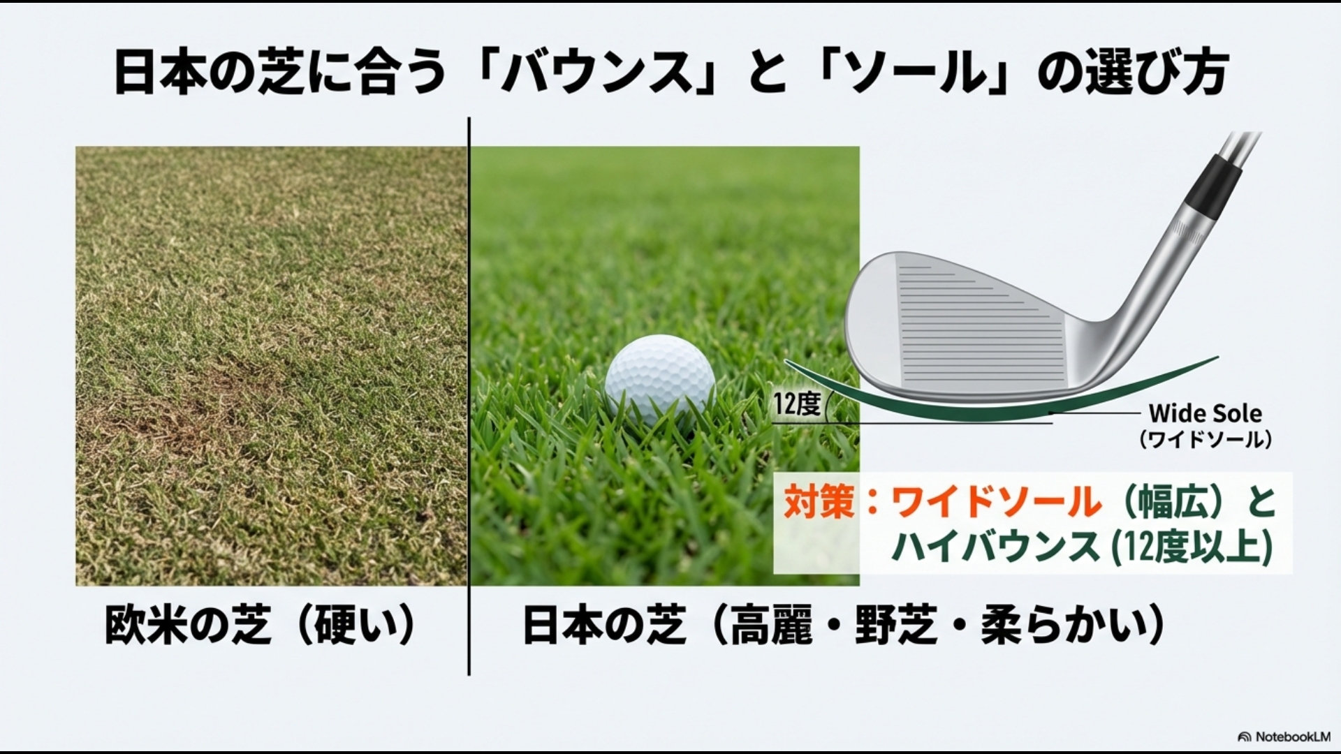 欧米の硬い芝と日本の柔らかい芝の違いを比較し、日本のゴルフ場ではワイドソールとハイバウンス(12度以上)が有効であることを示す画像。