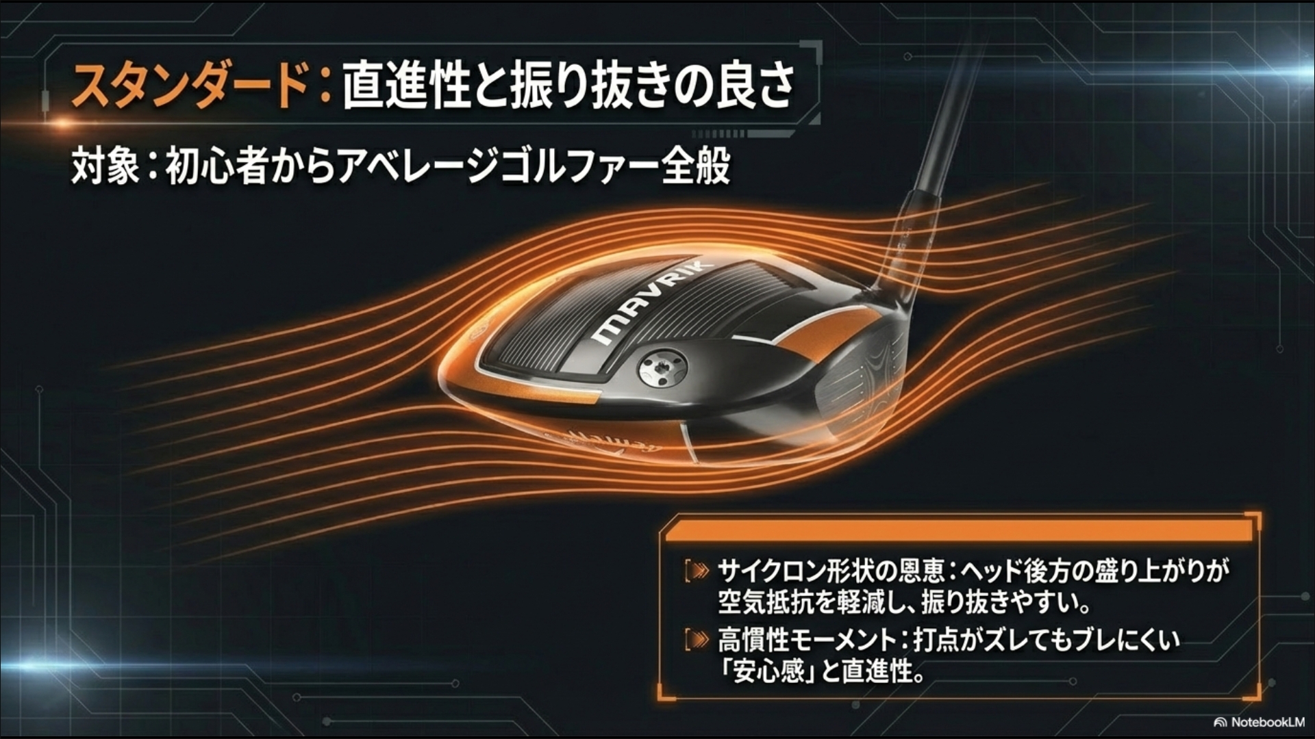 サイクロン形状による空気抵抗軽減と高慣性モーメントによる直進性を説明した、マーベリック・スタンダードモデルの個別解説スライド。