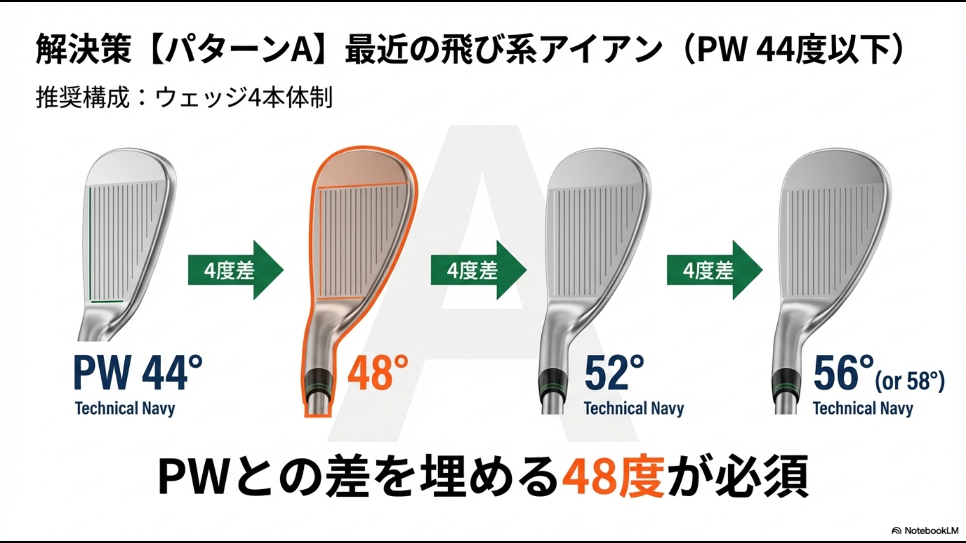 PWが44度以下の最近のアイアン向けに、48度、52度、56度(または58度)と4度刻みで揃える推奨セッティング図。