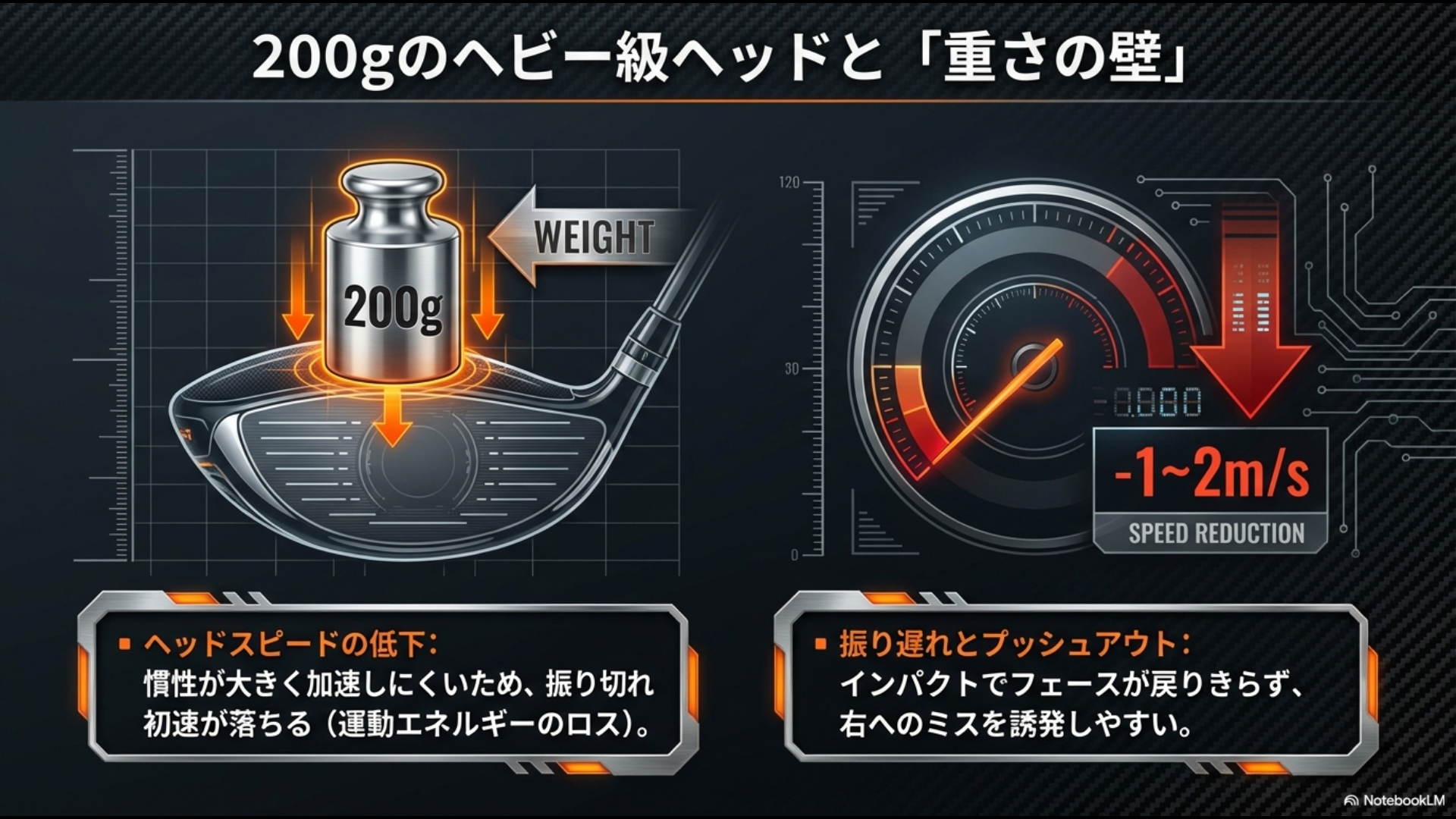 200gの重いヘッドが慣性の影響で加速しにくくなり、ヘッドスピードが1-2m/s低下して運動エネルギーをロスする様子のグラフ
