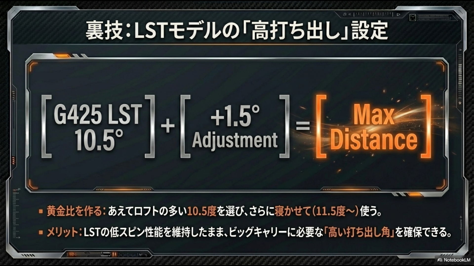 LSTの10.5度をさらに寝かせることで、低スピン性能を維持したまま高い打ち出し角を確保し最大飛距離を実現する方程式