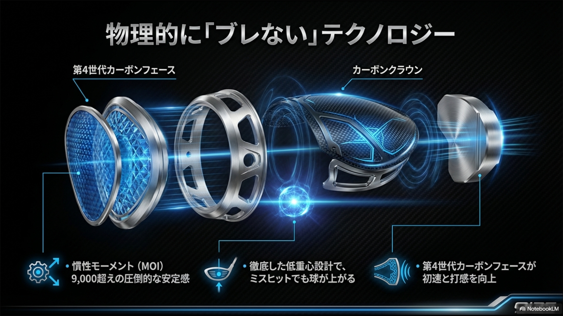 第4世代カーボンフェースとカーボンクラウン、低重心設計を視覚化したQi35の構造図。