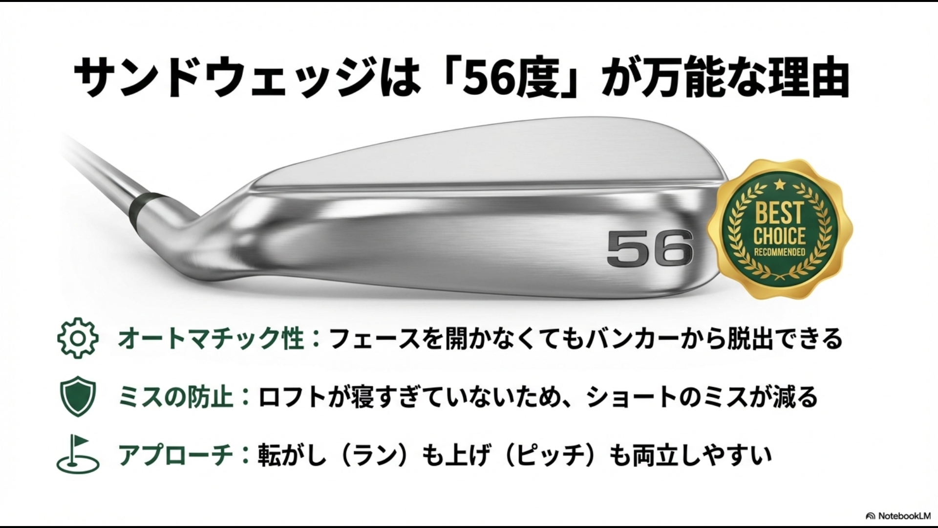 56度がオートマチックにバンカーから脱出でき、ミスが少なく、転がしも上げも両立しやすい万能なロフトであることを解説する画像。