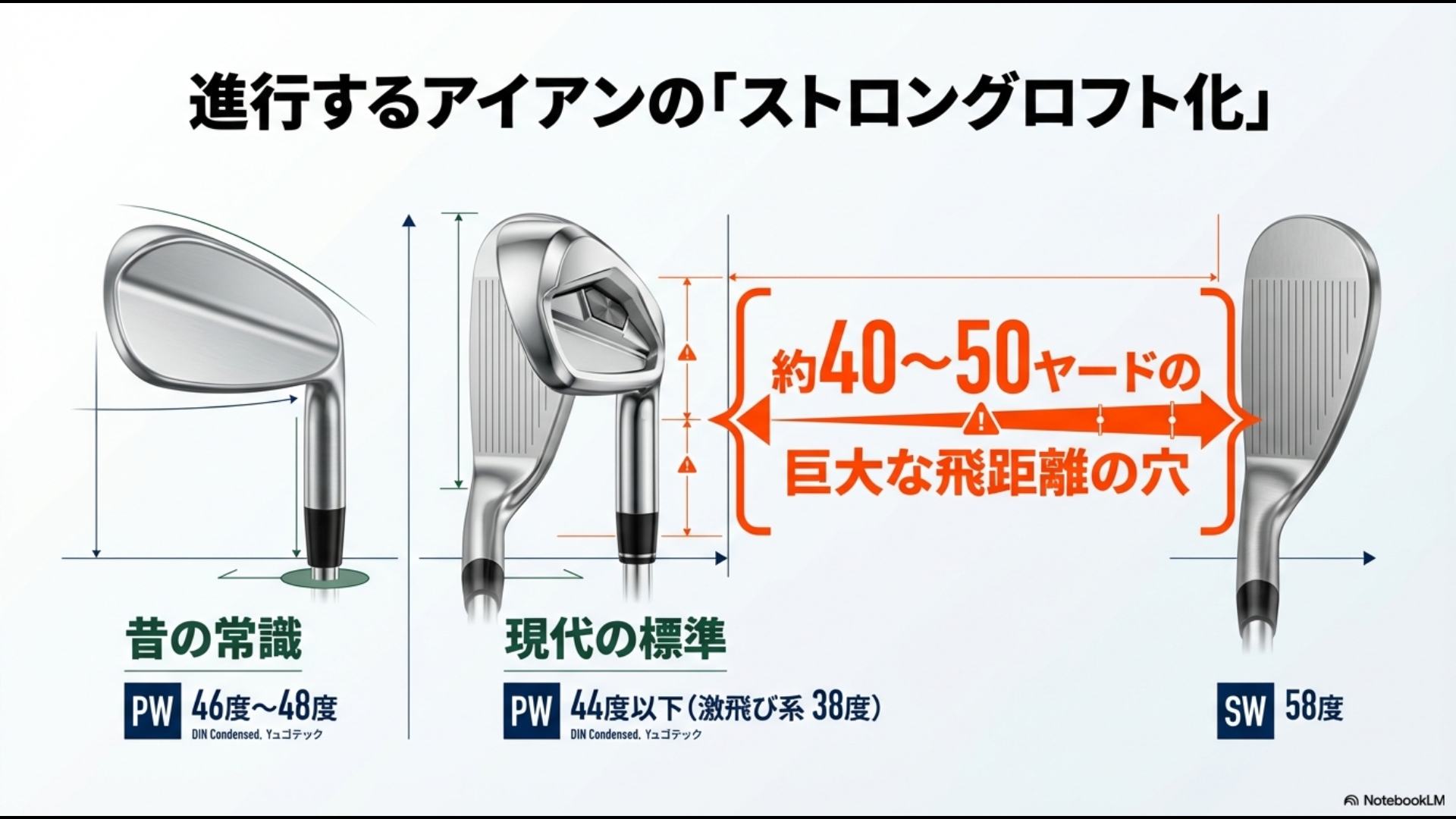 昔のPW(46-48度)と現代のPW(44度以下)を比較し、現代のセッティングではサンドウェッジ(58度)との間に約40-50ヤードの大きな飛距離の穴が空くことを説明する図。